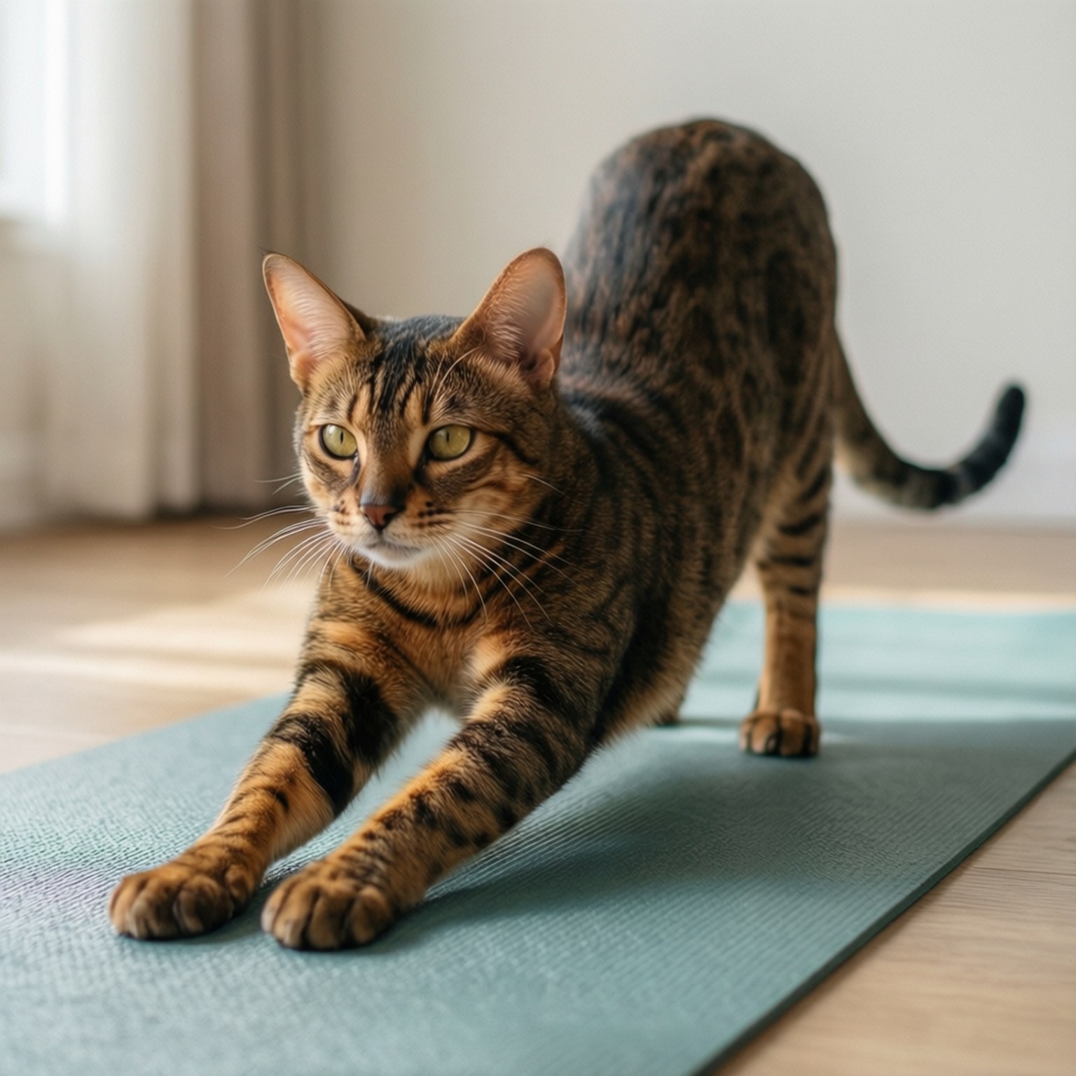 Ocicat, yoga mat, gentle morning light, HD Desktop Wallpaper