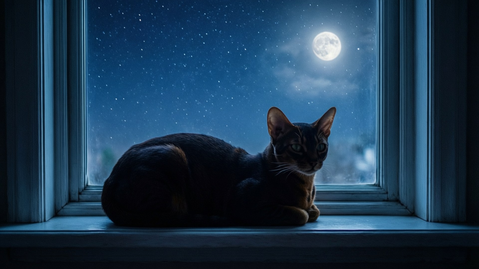 Ocicat, windowsill, starry night sky, Full HD Desktop Wallpaper