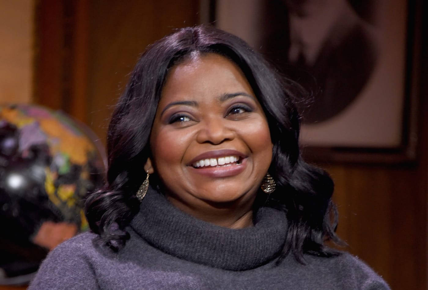 Octavia Spencer, gray turtleneck, warmly lit indoor setting, HD Desktop Wallpaper