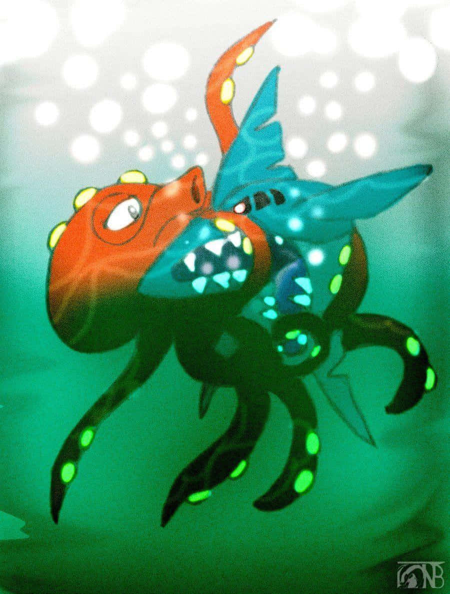 Octillery, red and blue octopus, glowing green spots, SD Phone Wallpaper