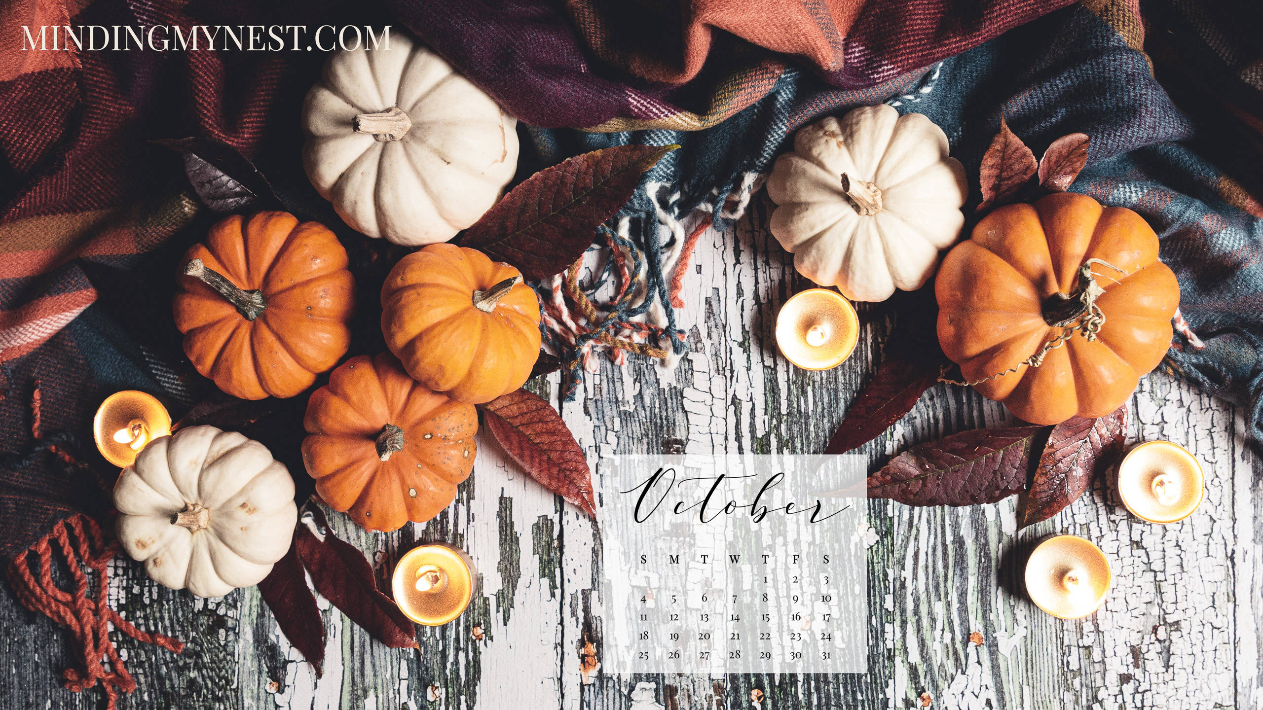October 2020 Calendar, pumpkins, candles, 2K Desktop Wallpaper