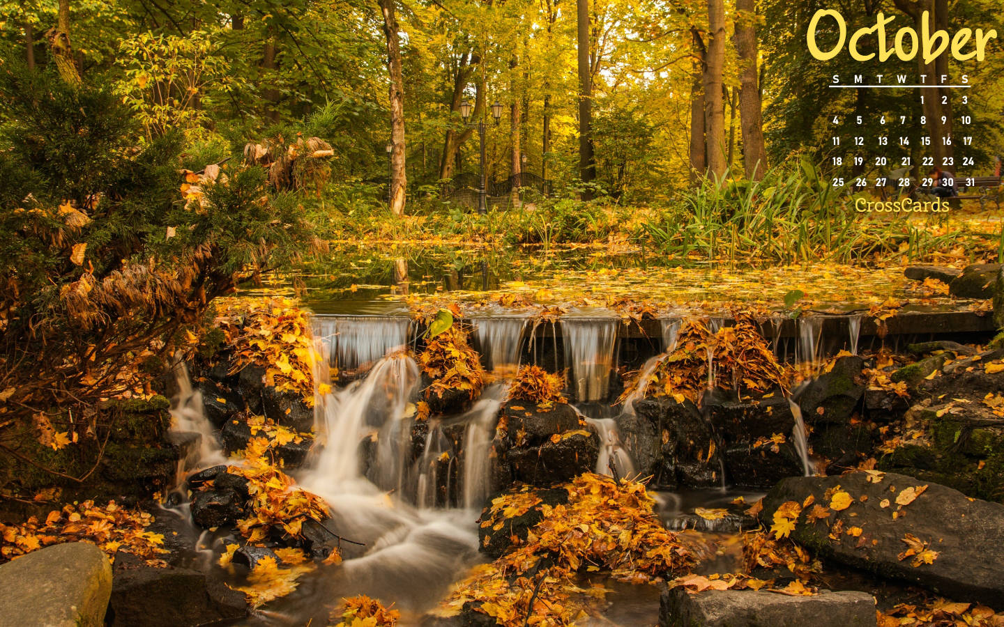 October 2020 Calendar, autumn forest, stream, HD Desktop Wallpaper