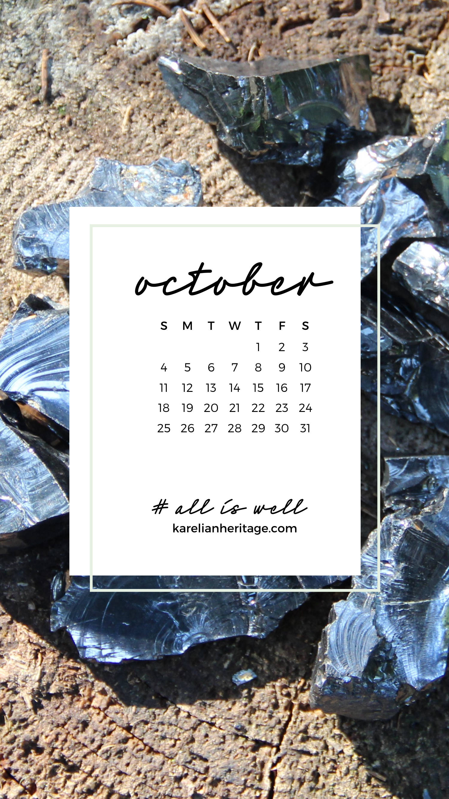 October 2020 Calendar, glossy black shale rocks, bright daylight, 2K Phone Wallpaper