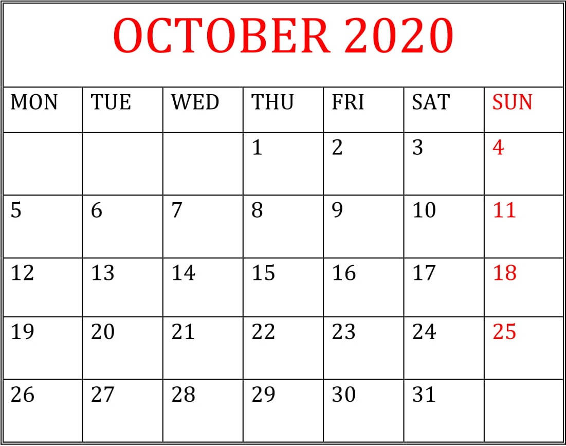 October 2020 Calendar, red header, weekend dates in red, SD Desktop Wallpaper