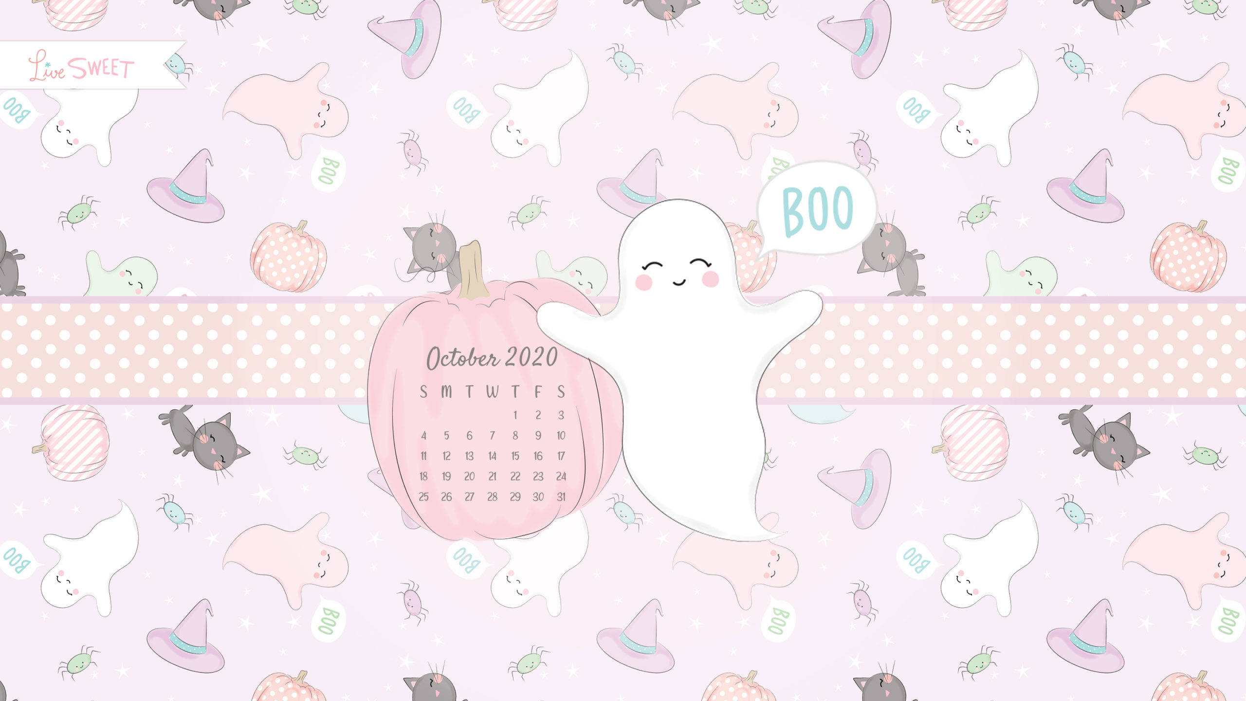 October 2020 Calendar, pastel Halloween, smiling ghosts, 2K Desktop Wallpaper