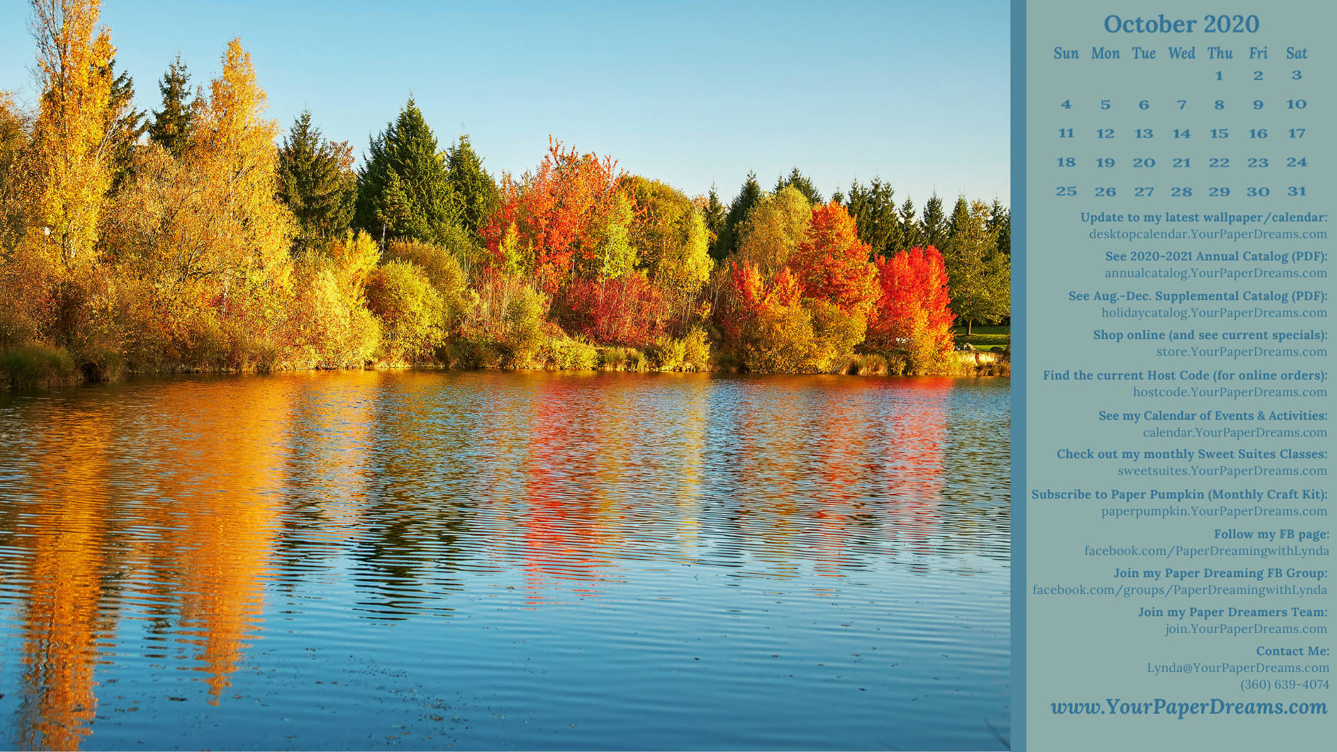 October 2020 Calendar, autumn lake, vibrant red orange and yellow foliage, Full HD Desktop Wallpaper