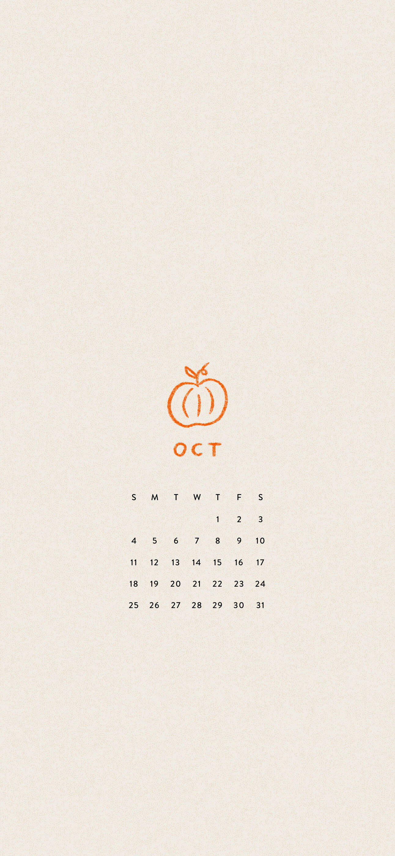 October 2020 Calendar, orange pumpkin icon, textured beige background, 2K Phone Wallpaper
