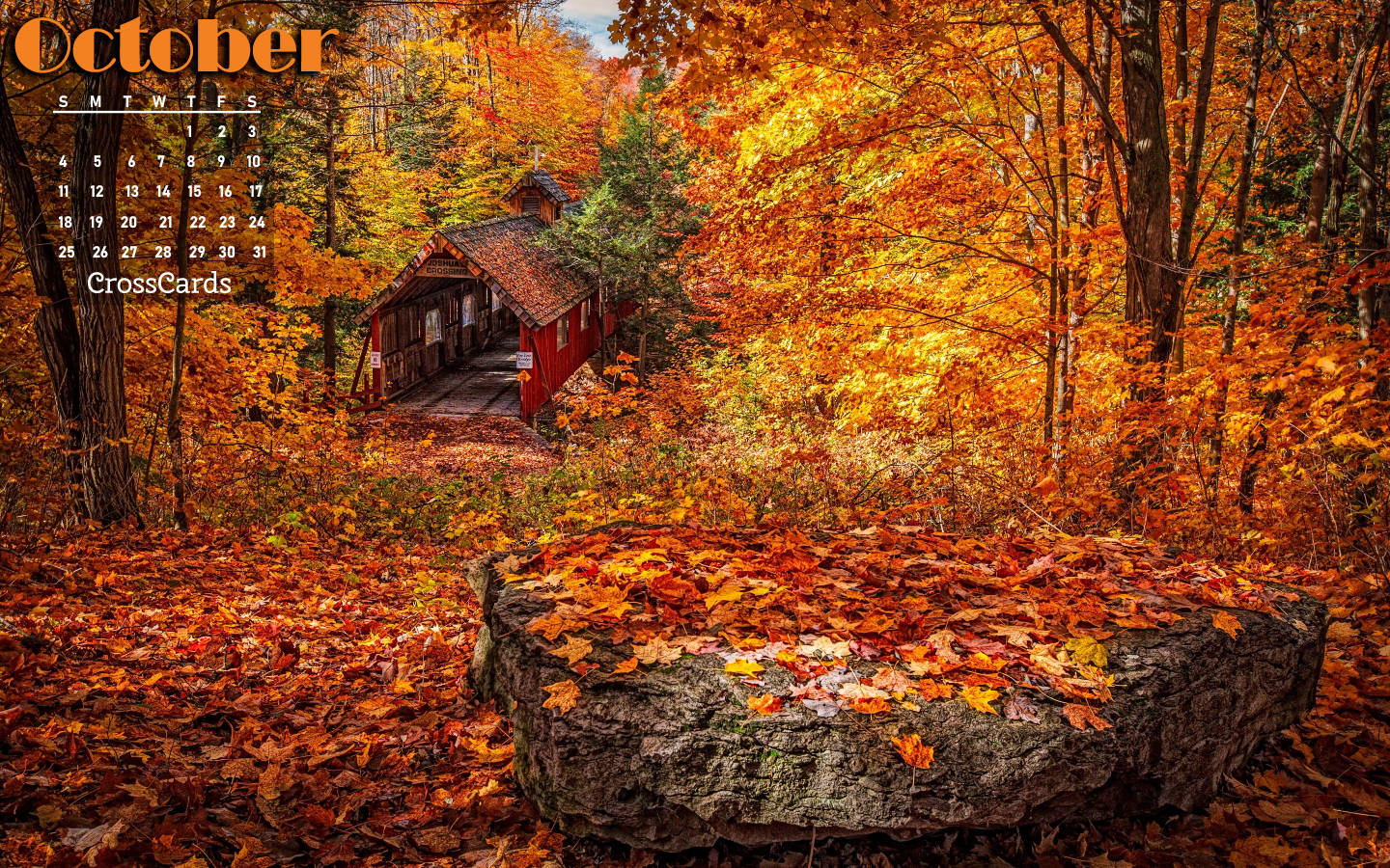 October 2020 Calendar, rustic red covered bridge, vibrant autumn forest, HD Desktop Wallpaper