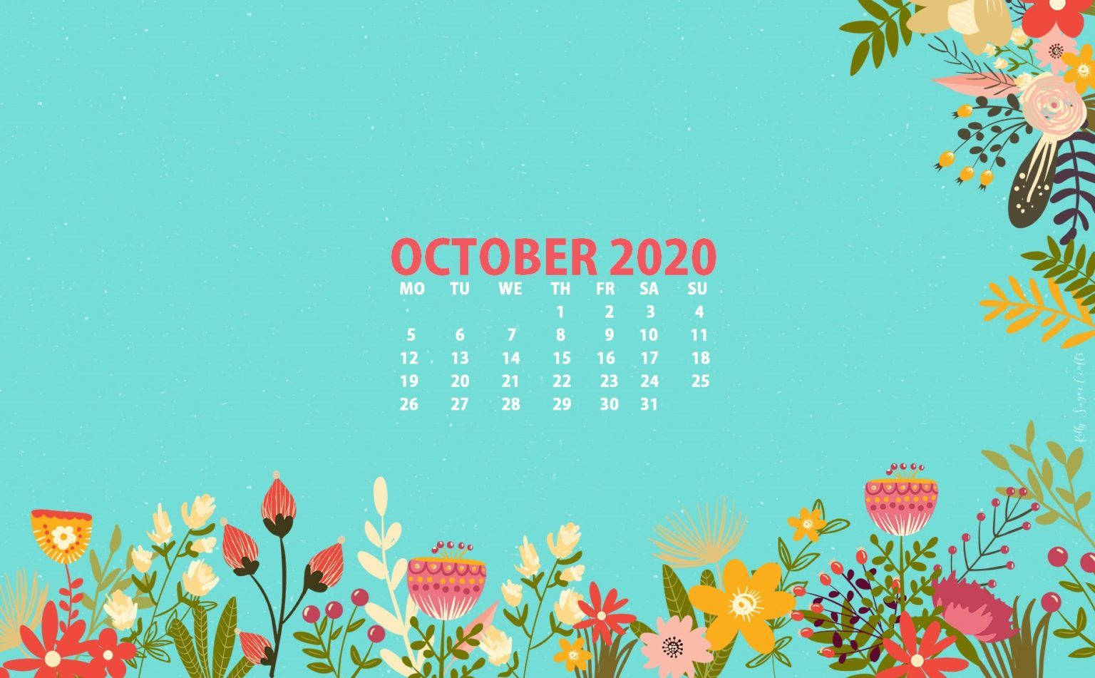 October 2020 Calendar, floral borders, turquoise background, HD Desktop Wallpaper