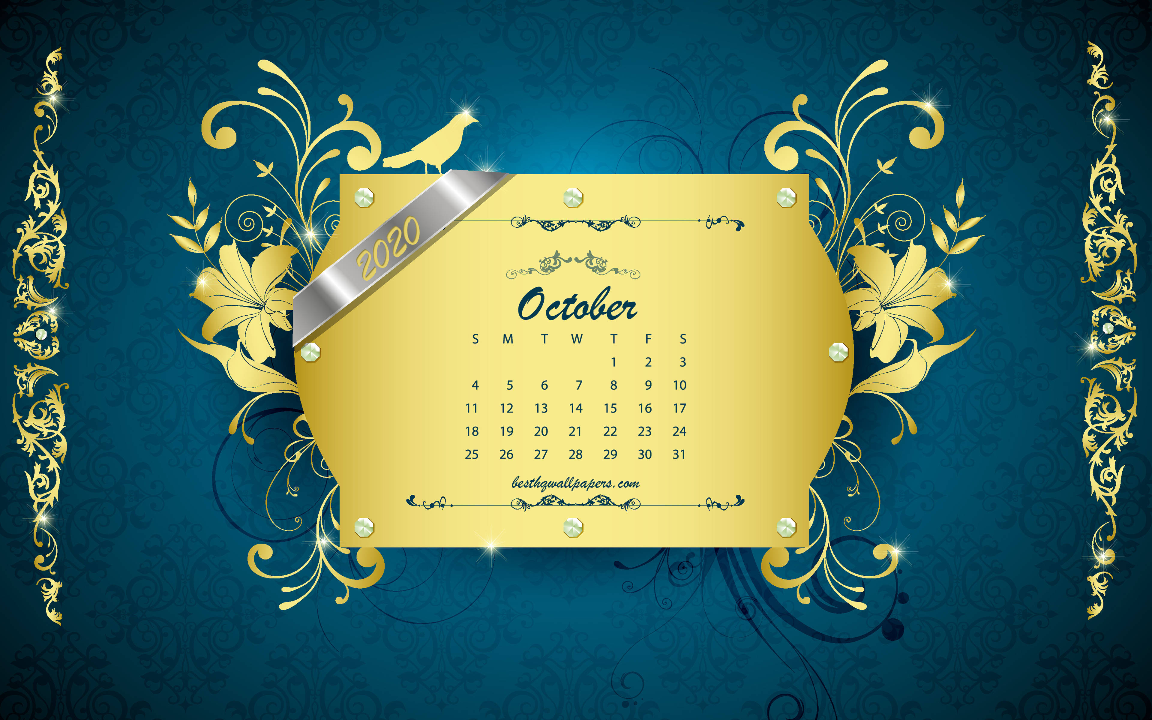 October 2020 Calendar, gold, ornate floral swirls, 4K Desktop Wallpaper