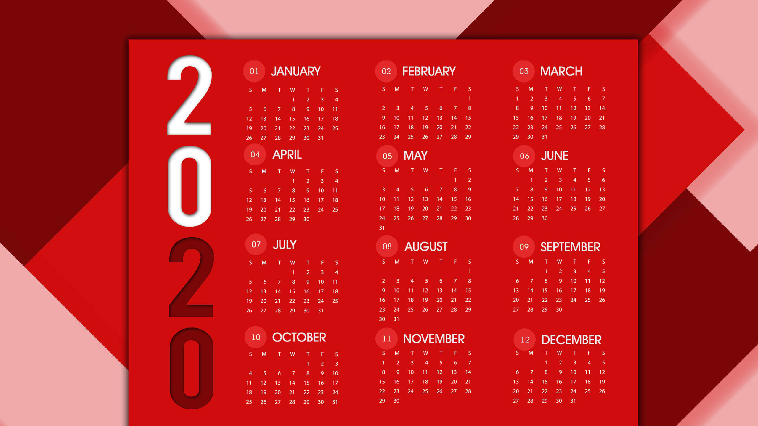 red october 2020 calendar, 2020 calendar, white numerals, 2K Desktop Wallpaper