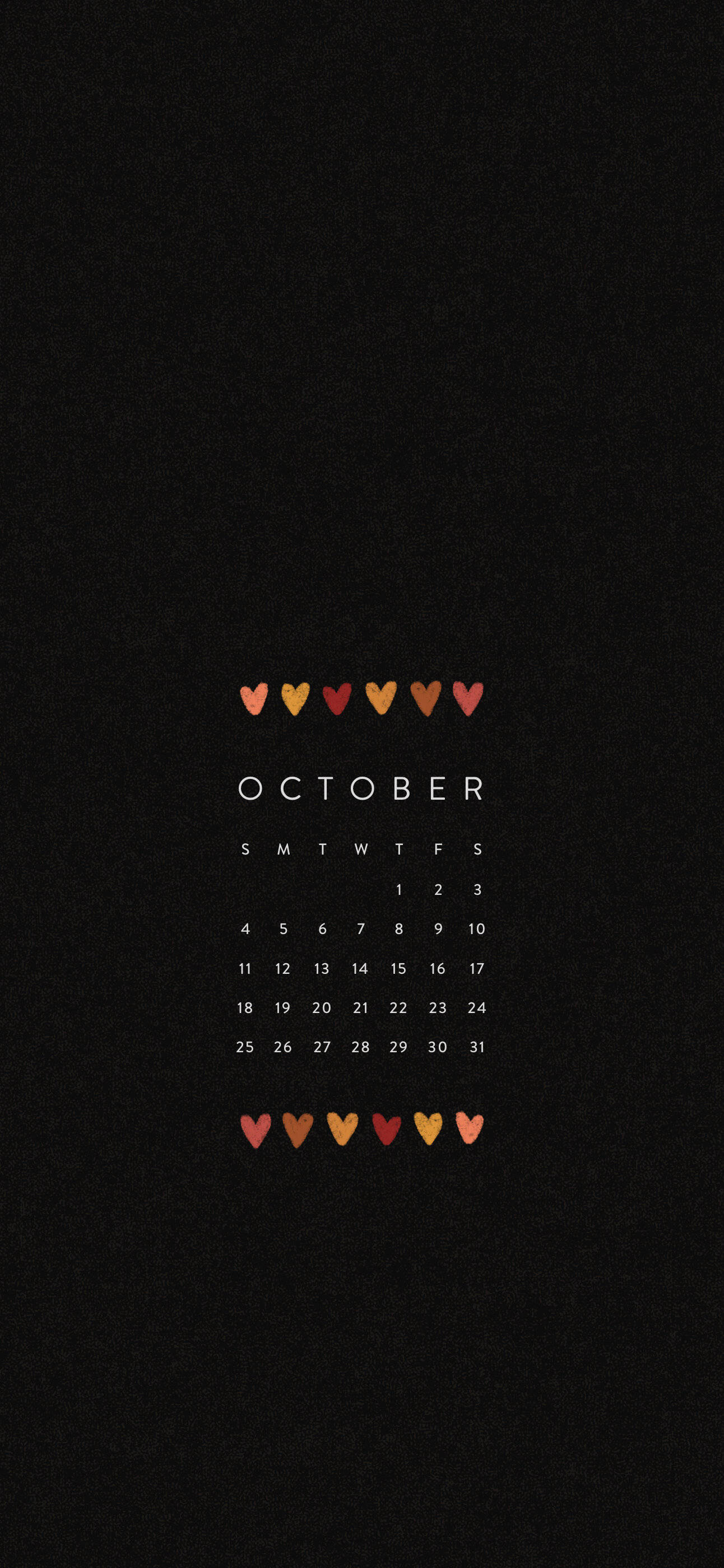 October 2020 Calendar, black background, autumn-colored hearts, 2K Phone Wallpaper