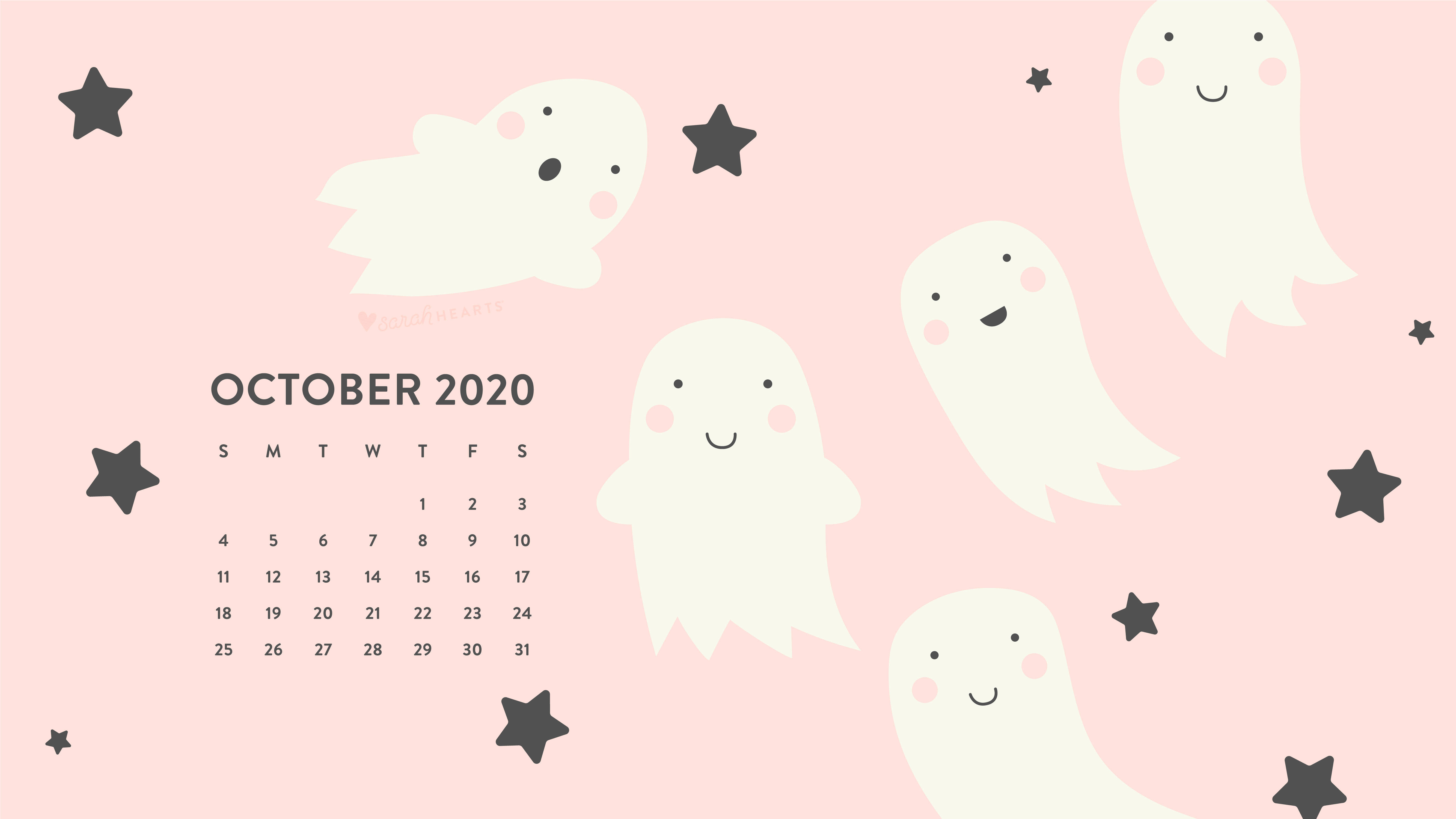 October 2020 calendar, pastel pink, smiling ghost characters, 5K Desktop Wallpaper