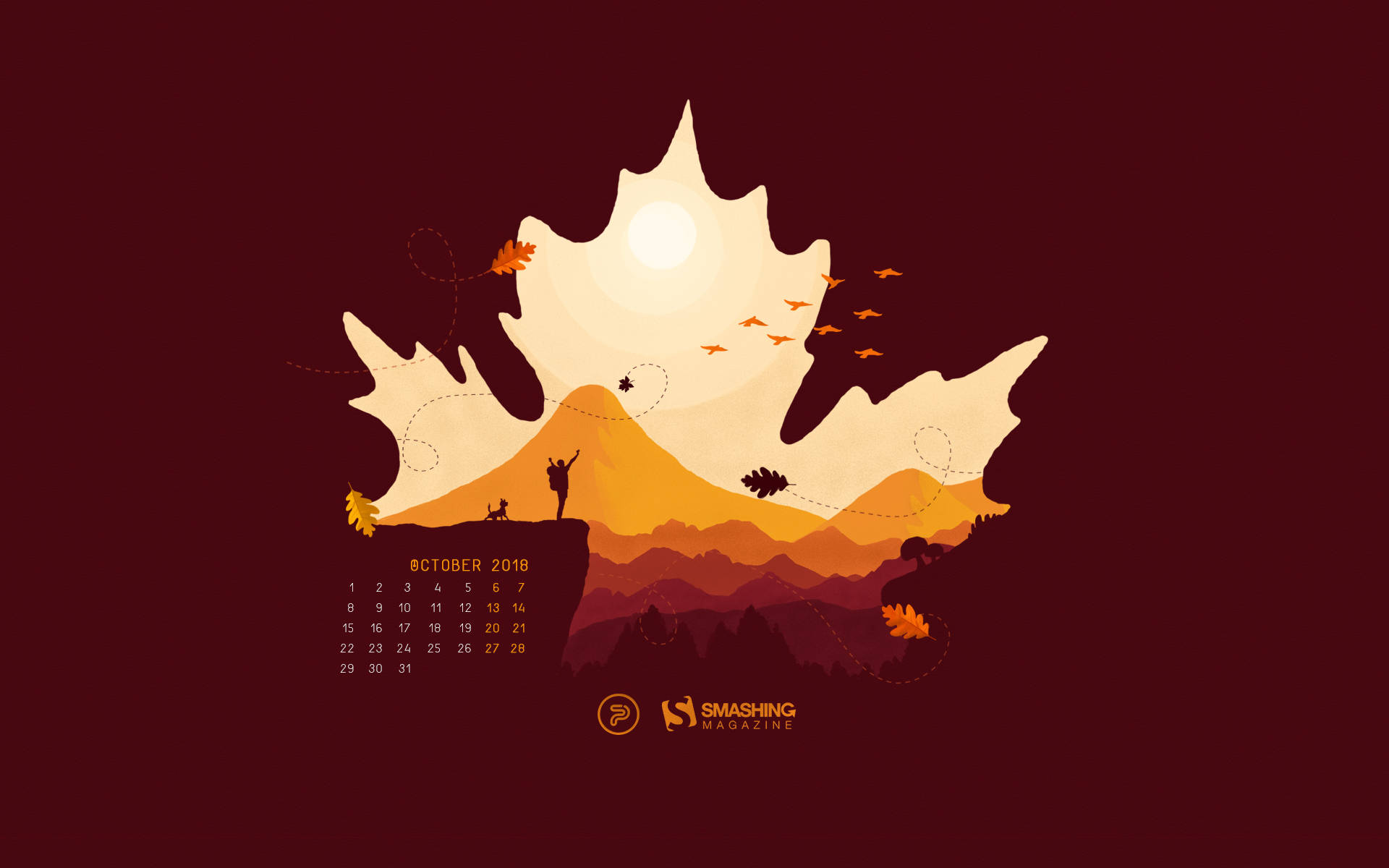 October 2020 Calendar, maroon, autumn maple leaf silhouette, Full HD Desktop Wallpaper