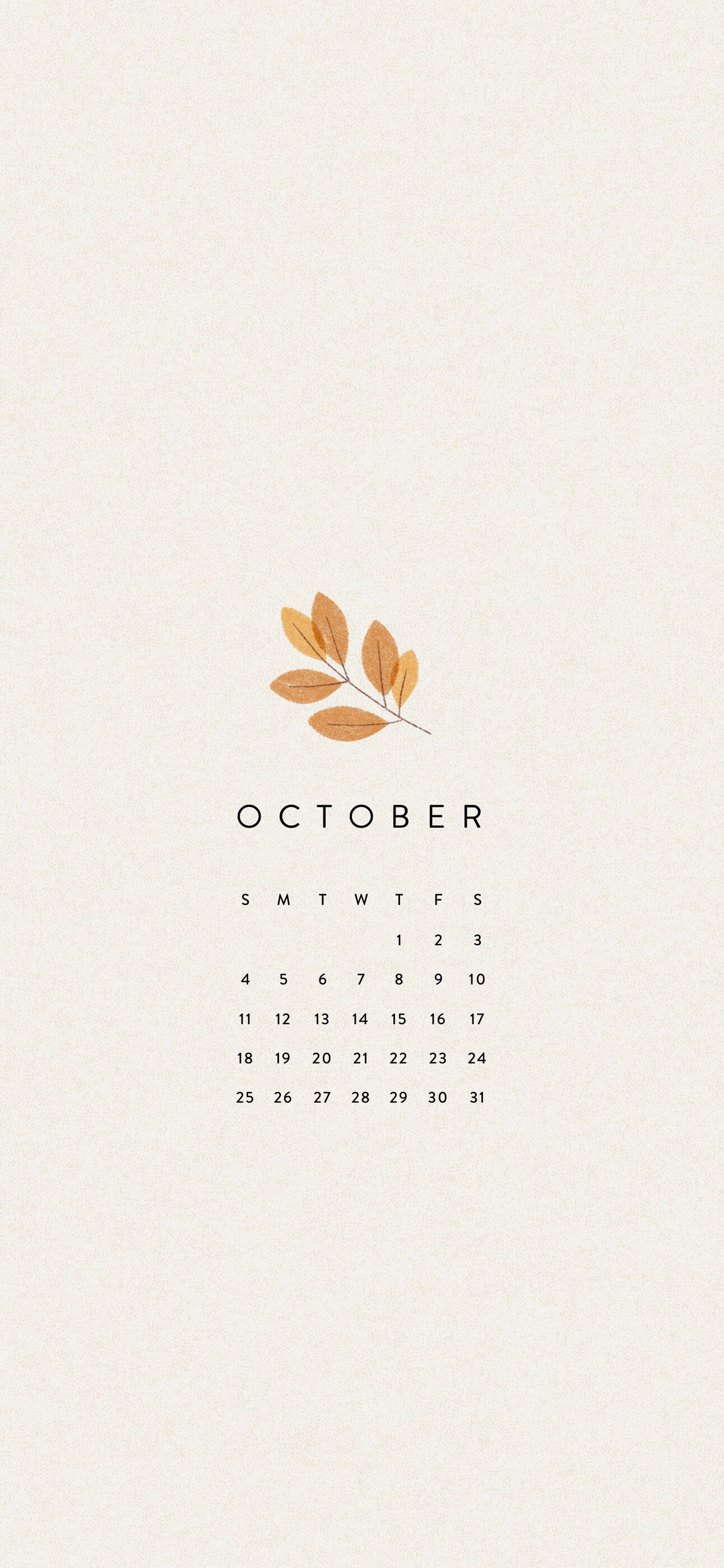 October 2020 Calendar, golden leaves, textured cream background, 2K Phone Wallpaper