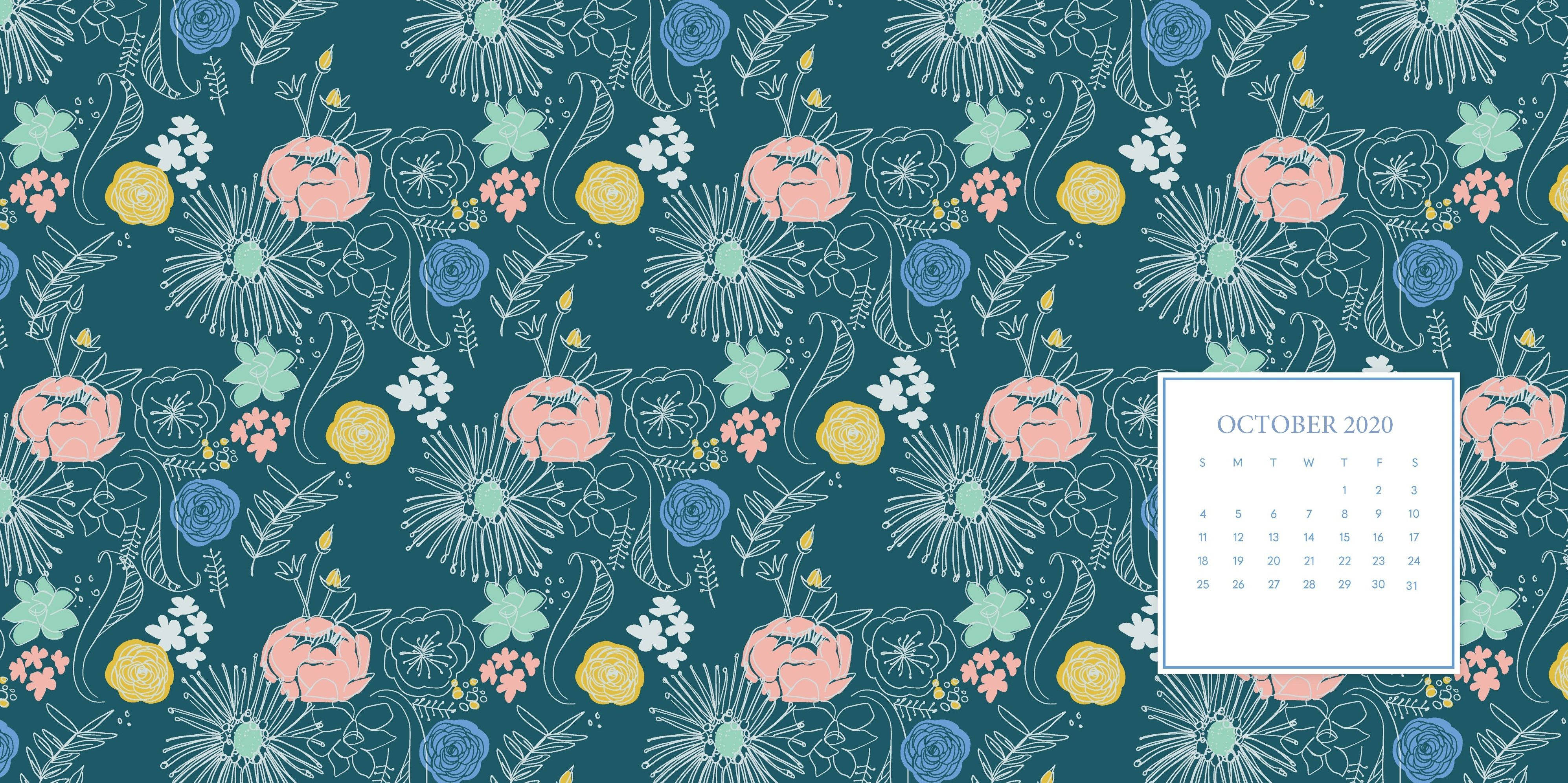 teal background, hand-drawn floral patterns, white October 2020 calendar overlay, 4K Desktop Wallpaper