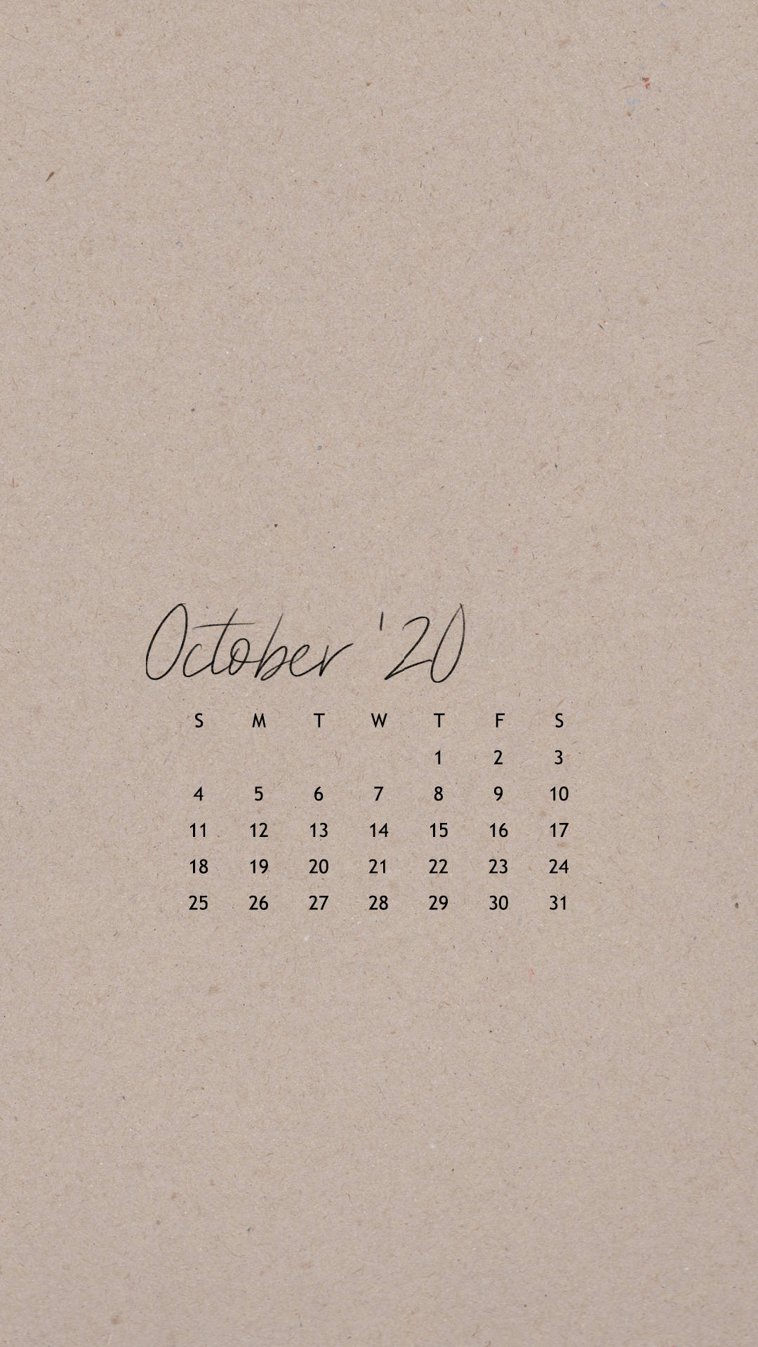 October 2020 Calendar, cursive script, textured beige paper, Full HD Phone Wallpaper