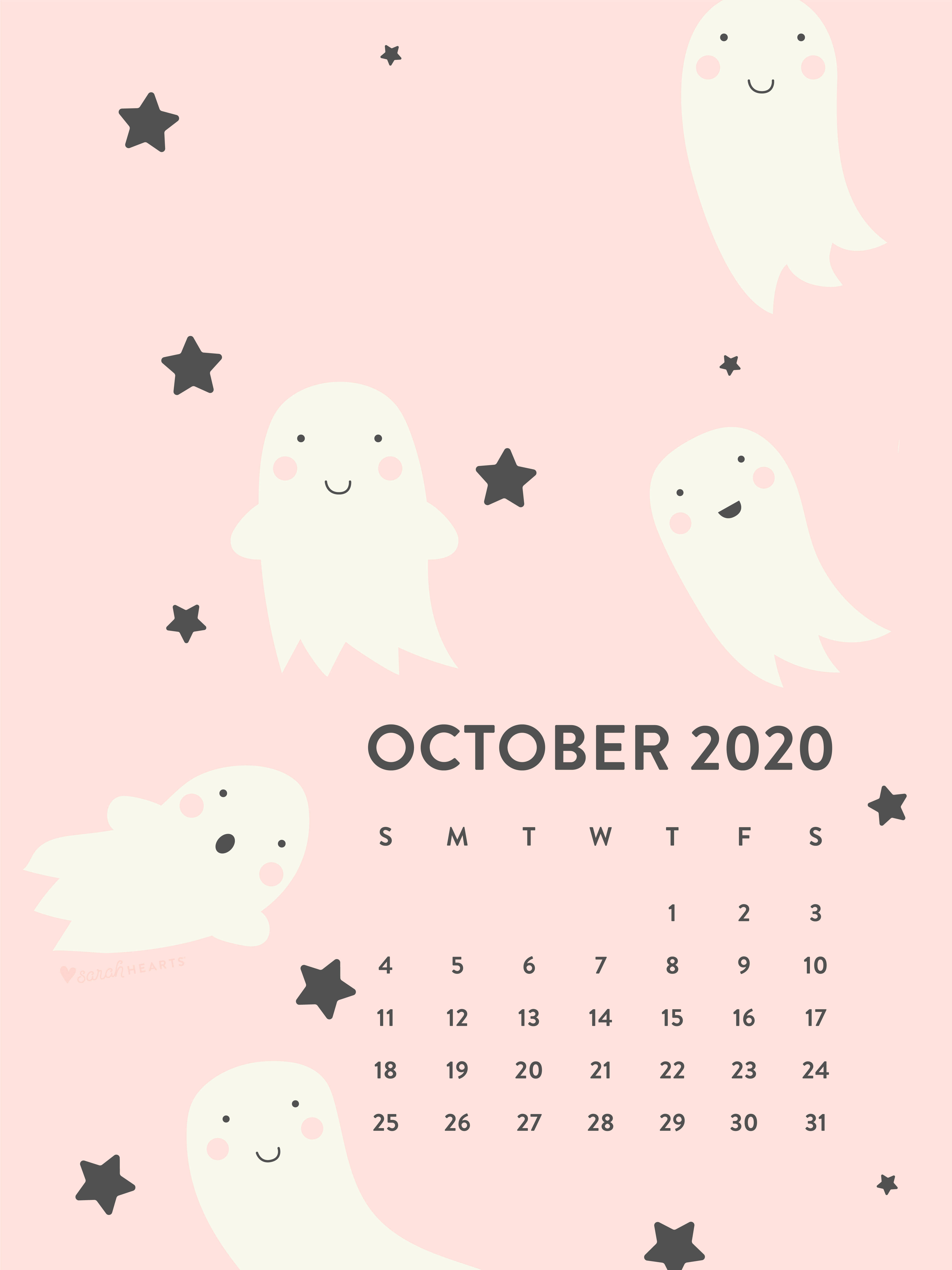 October 2020 Calendar, pastel pink, smiling white ghosts, 5K Phone Wallpaper