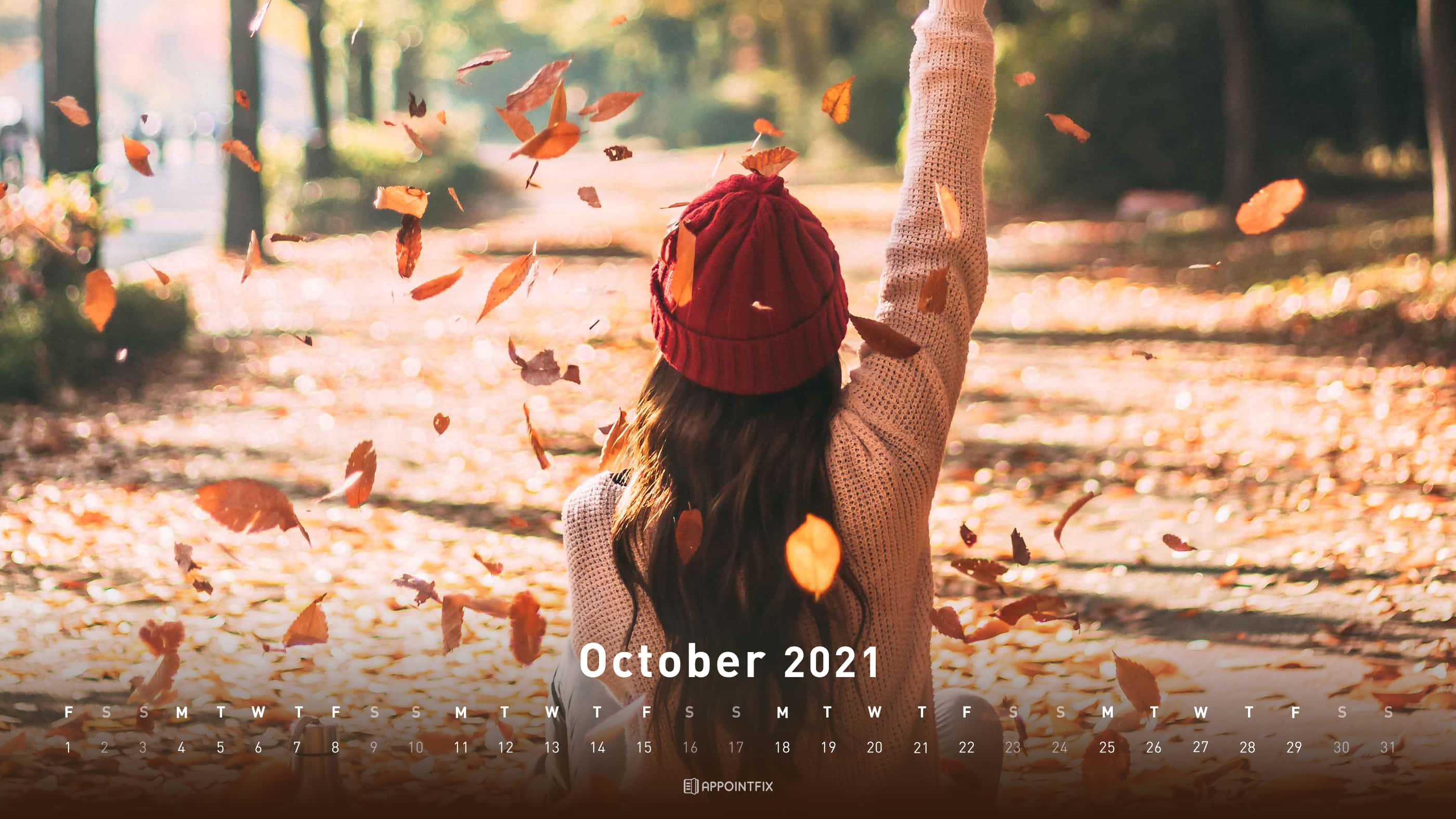 October 2020 Calendar, red beanie, autumn leaves, 2K Desktop Wallpaper