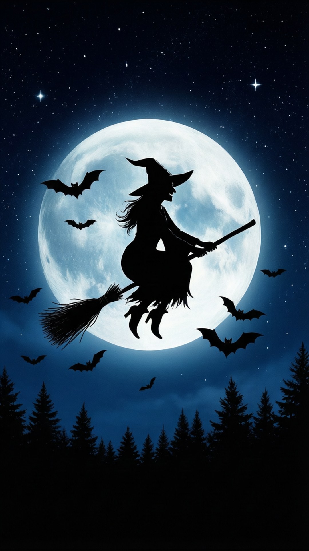 witch silhouette, broomstick, glowing full moon, Full HD Phone Wallpaper