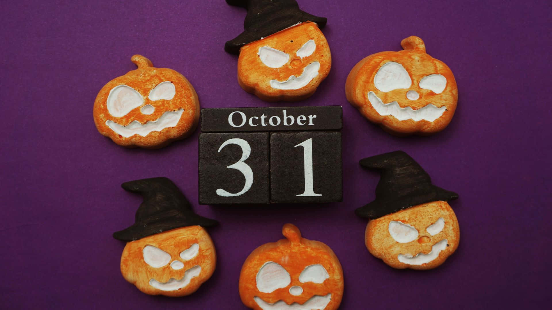 October 31st, orange pumpkin-shaped cookies, white icing faces, Full HD Desktop Wallpaper