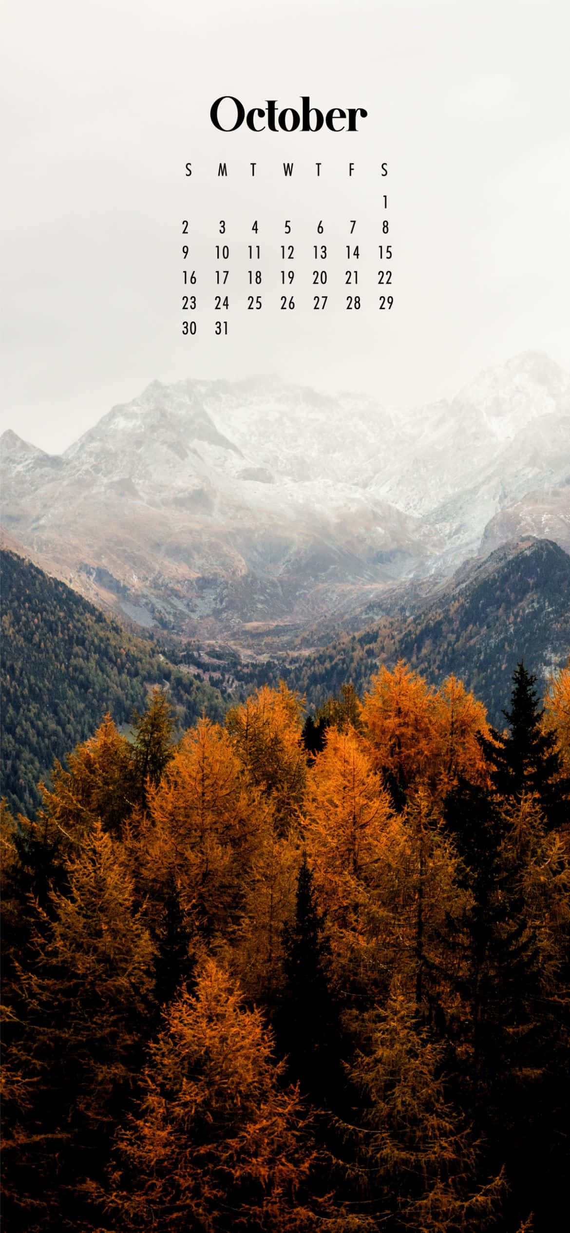 October 2021 calendar, misty mountain range, golden autumn trees, Full HD Phone Wallpaper