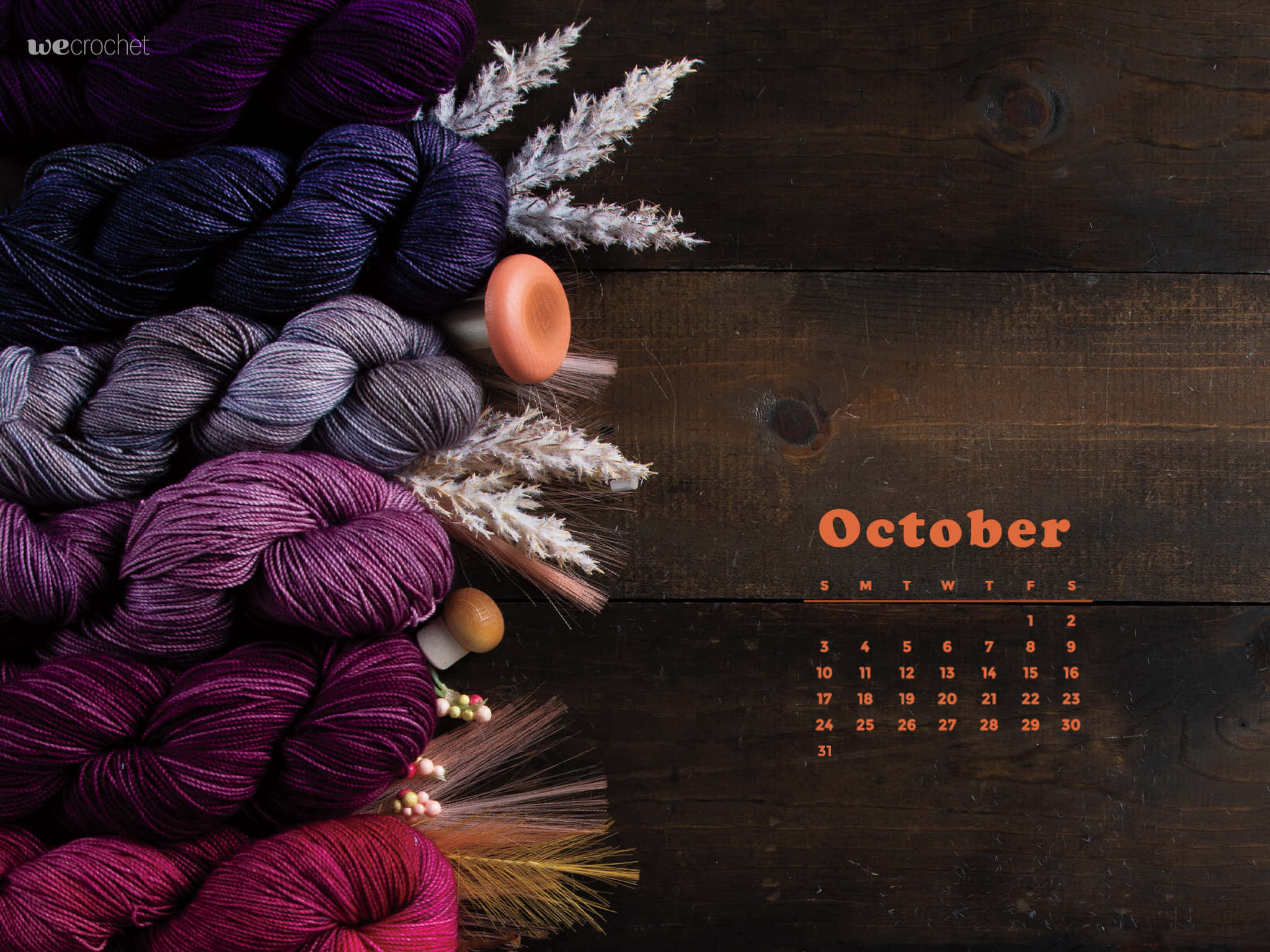 October calendar, rich purple yarn skeins, dried grasses, Full HD Desktop Wallpaper