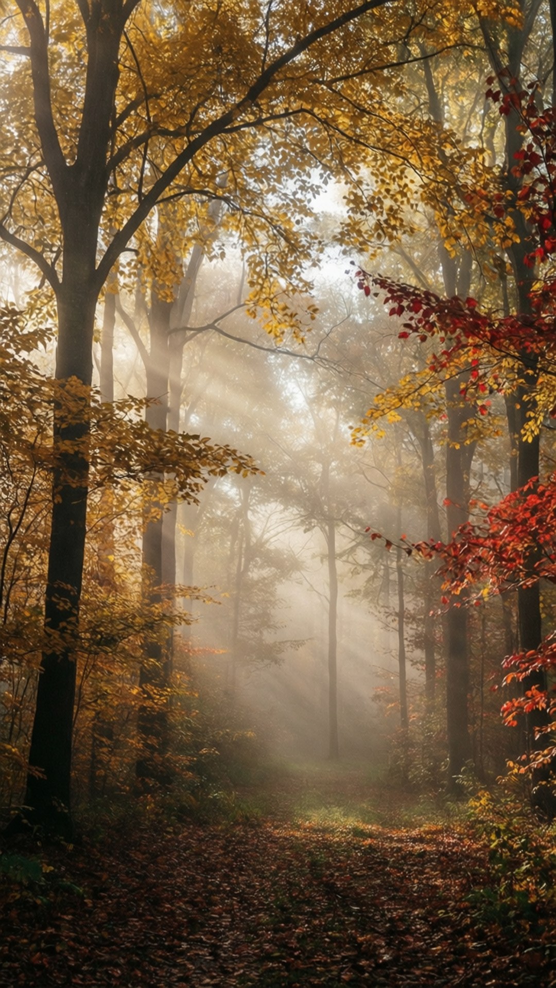 Misty Autumn Forest, Golden foggy forest, peaceful October, Full HD Phone Wallpaper