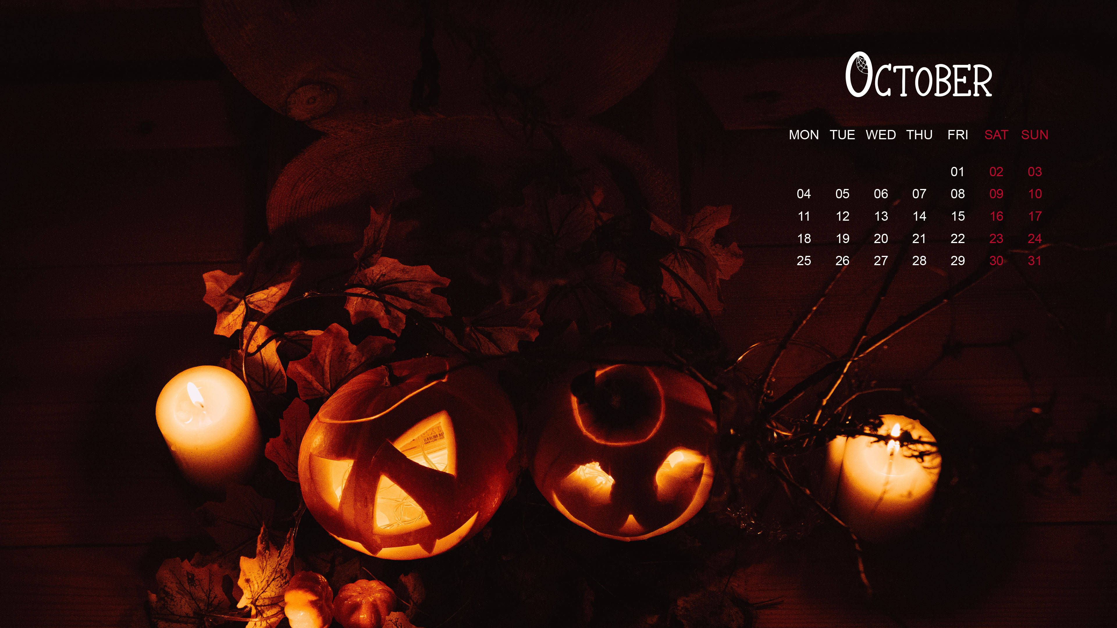 jack-o'-lanterns, October 2021 calendar, autumn leaves, 4K Desktop Wallpaper