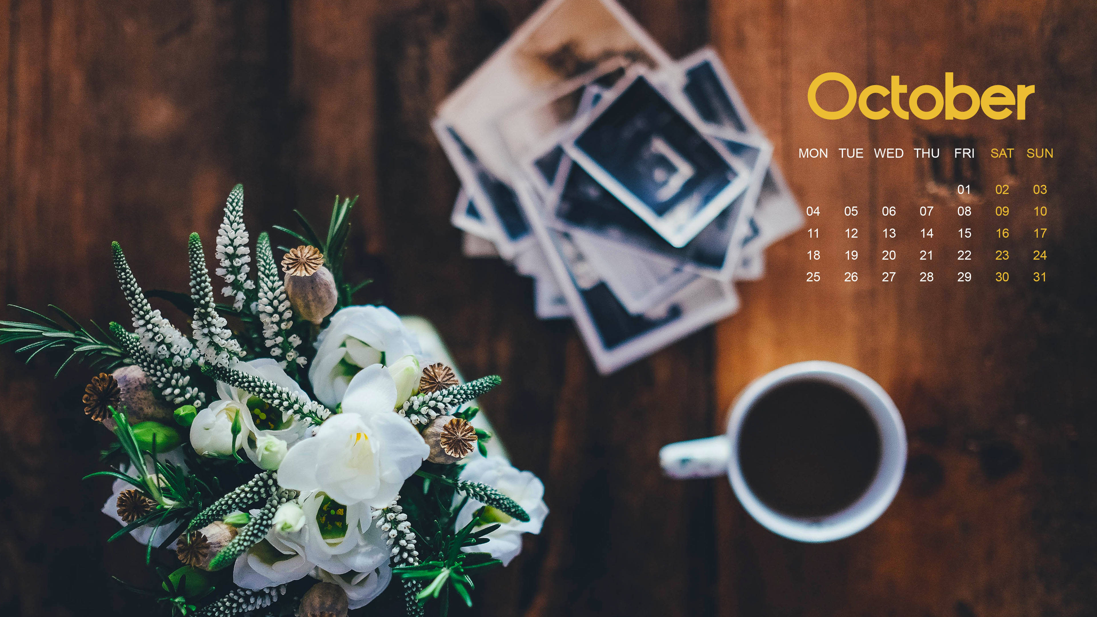 October calendar 2021, wooden table, white flower bouquet, 4K Desktop Wallpaper