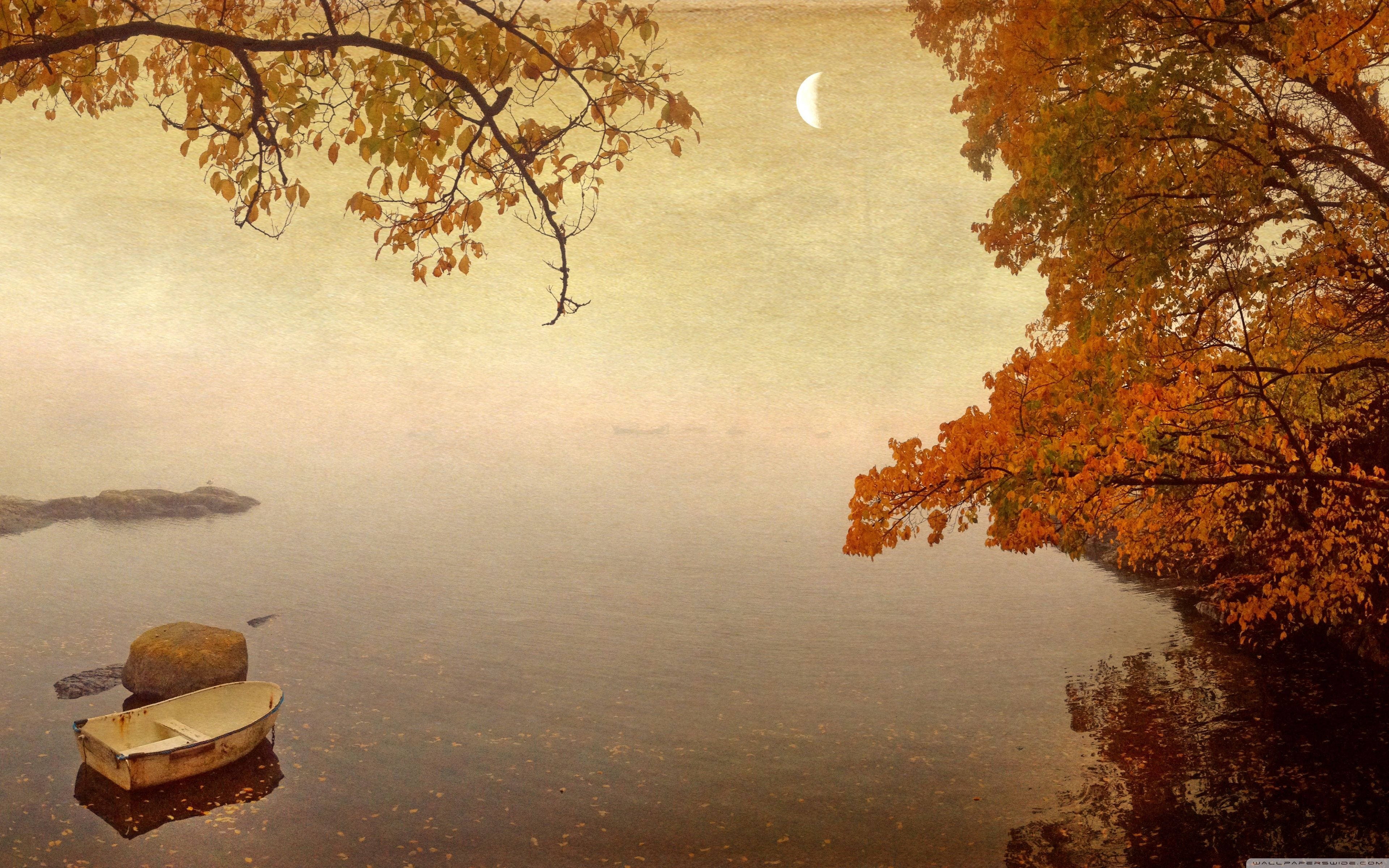 October, boat, lake, 4K Desktop Wallpaper