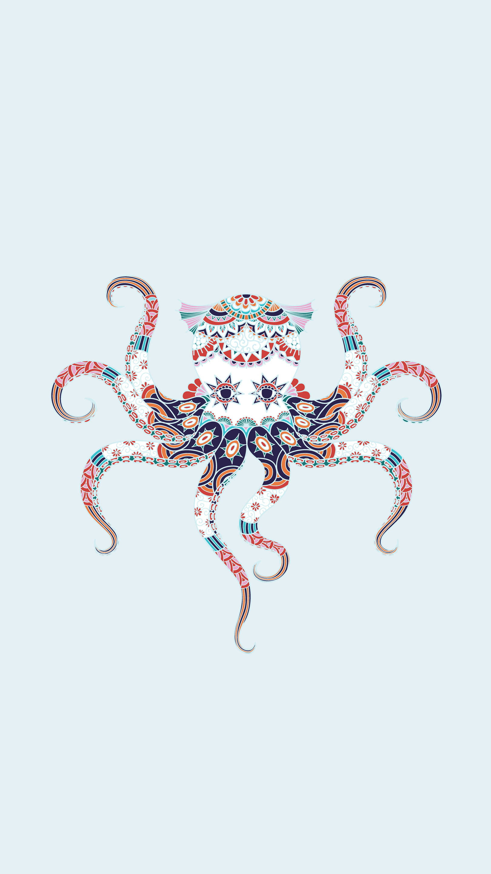 octopus, red blue and teal geometric patterns, pale blue background, 2K Phone Wallpaper