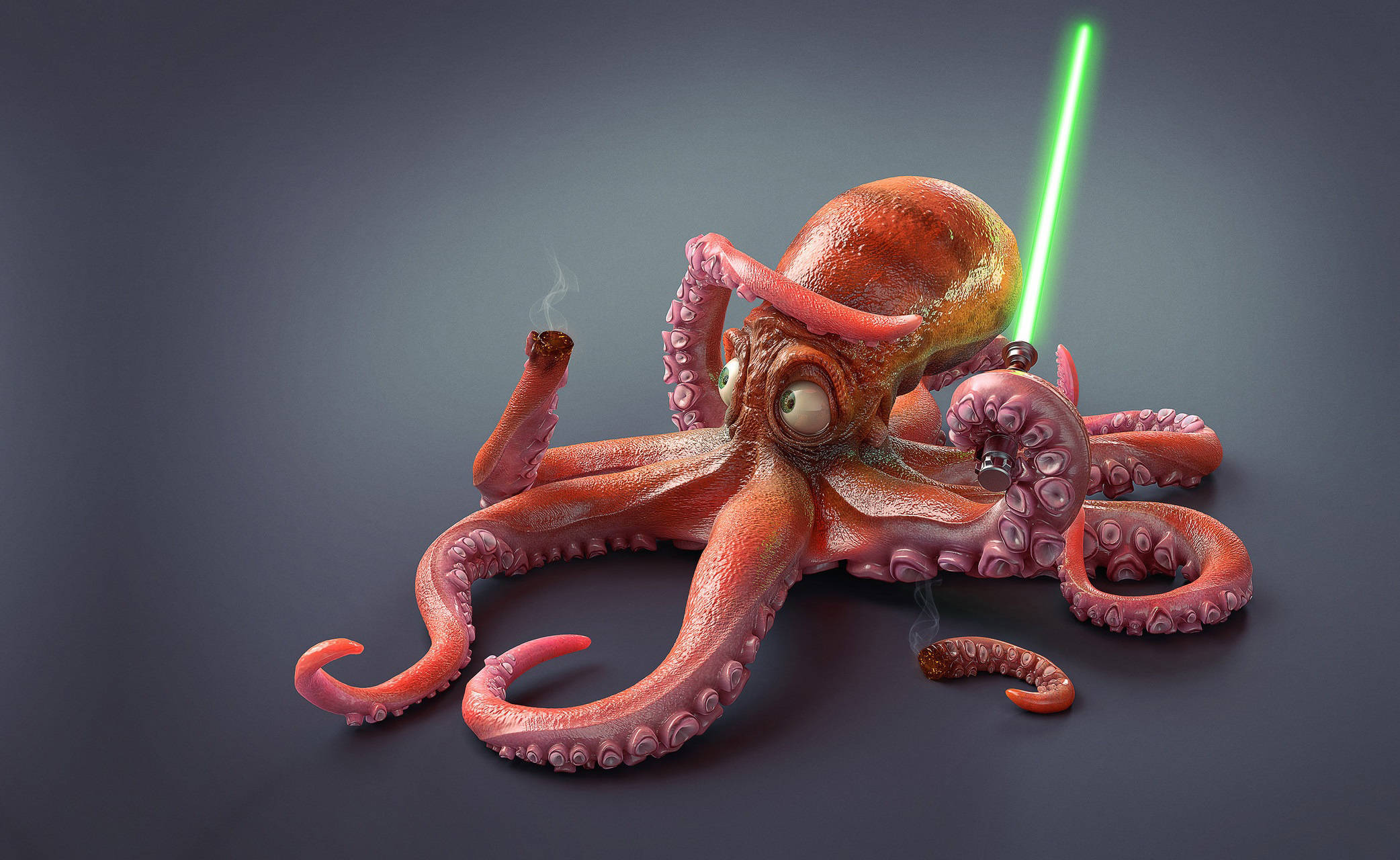 red octopus, green lightsaber, cigar, Full HD Desktop Wallpaper