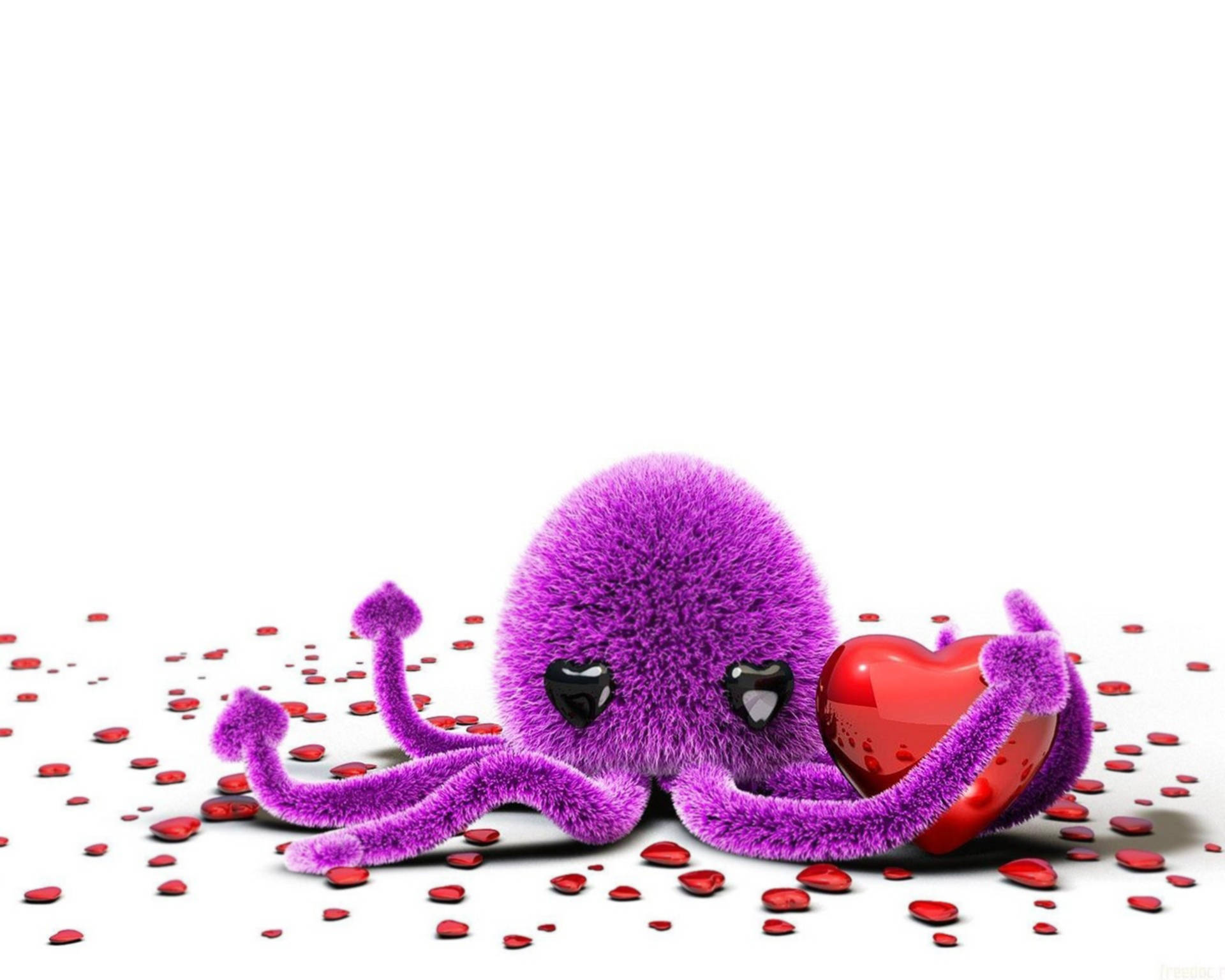 fluffy purple octopus, heart-shaped eyes, shiny red heart, Full HD Desktop Wallpaper