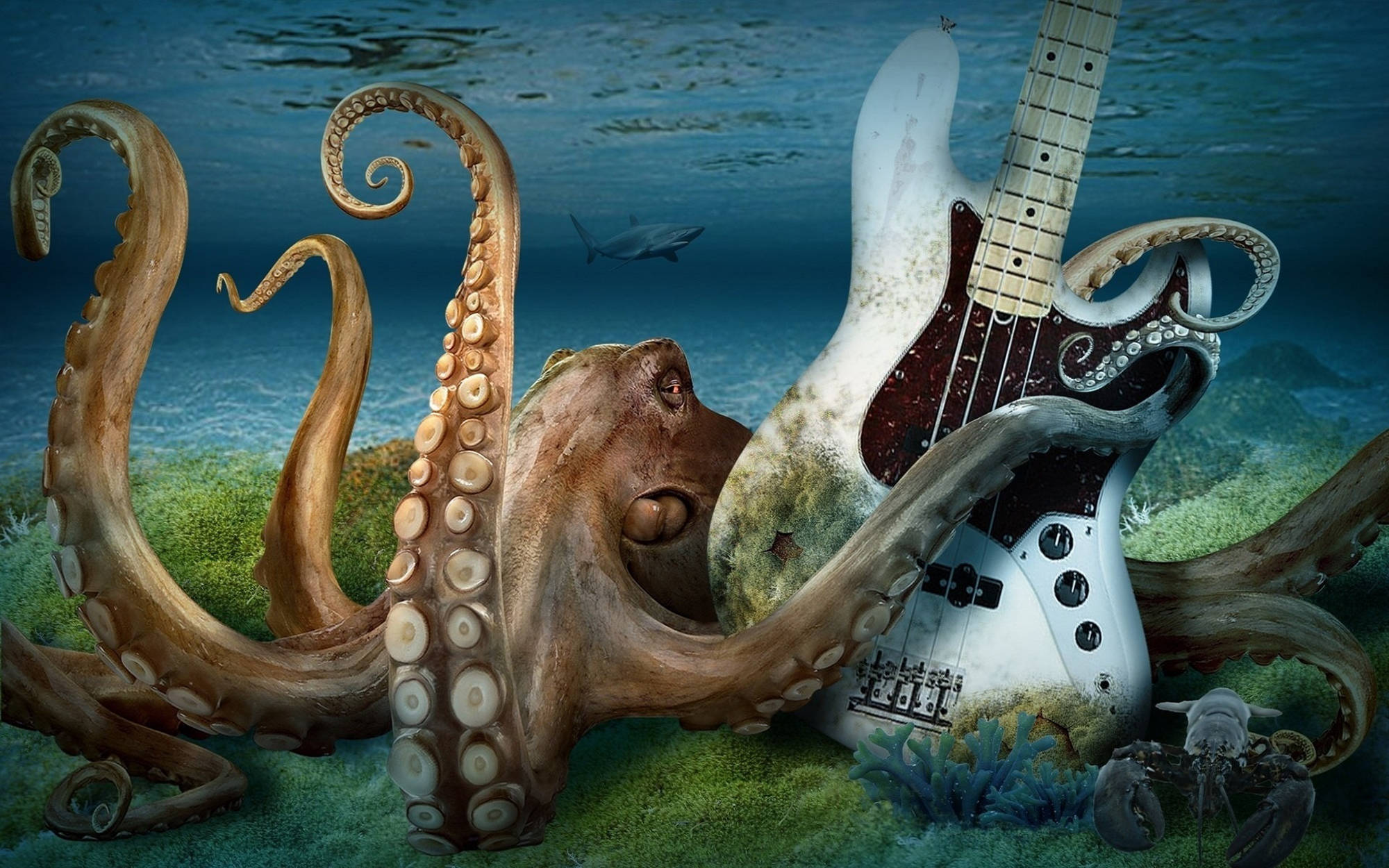 octopus, electric guitar, underwater, Full HD Desktop Wallpaper