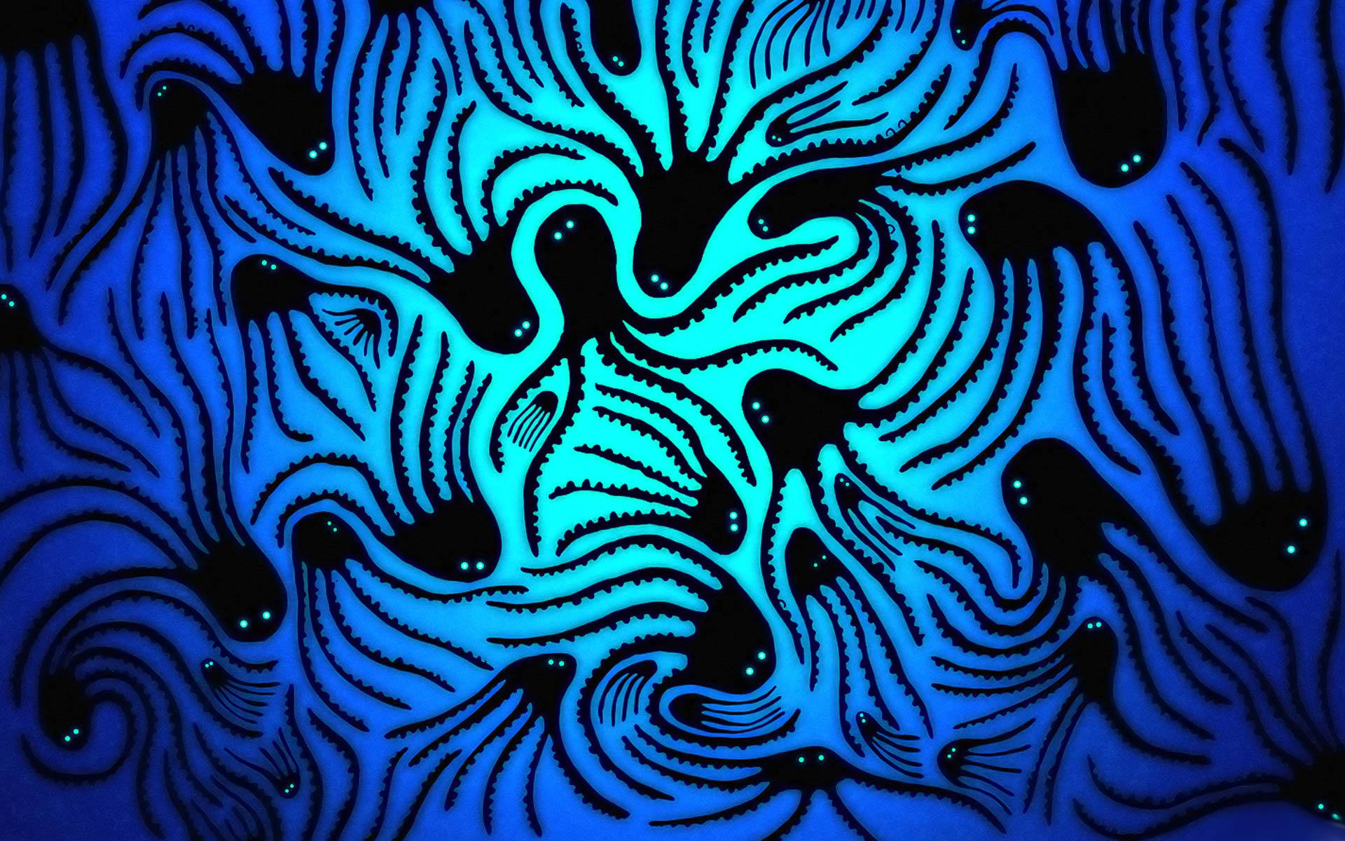 black octopuses, vibrant blue glowing abstract patterns, black outlines, Full HD Desktop Wallpaper