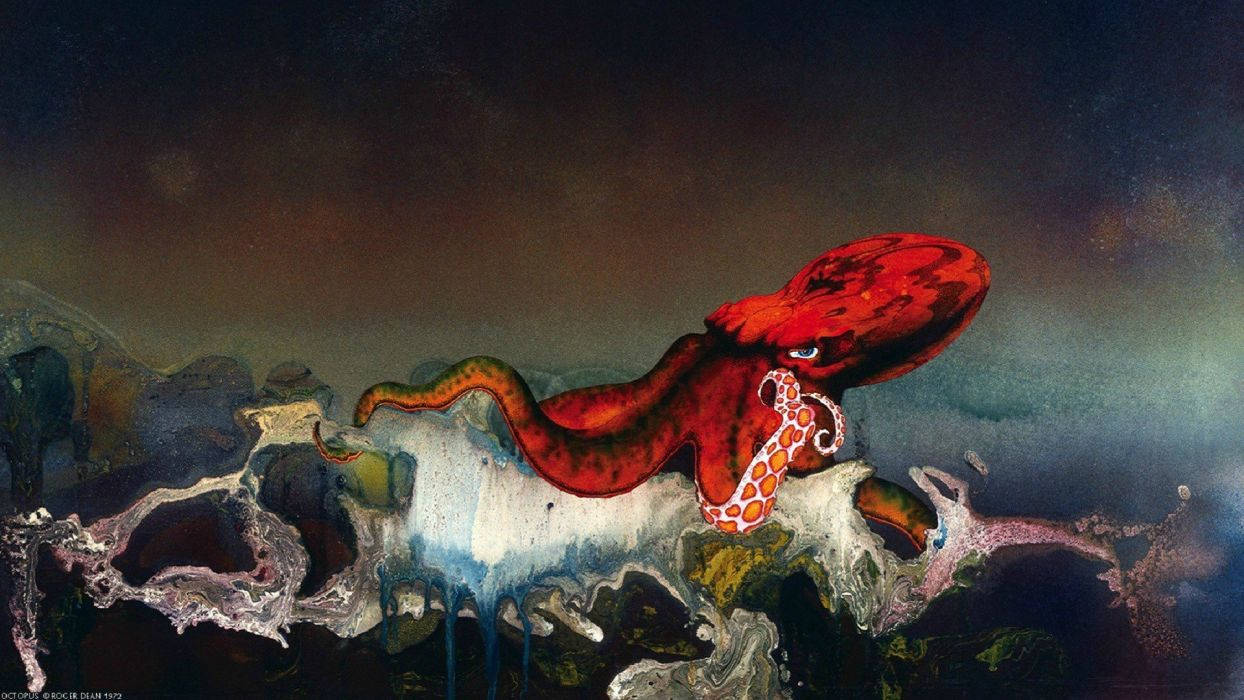 vivid red octopus, white spotted tentacles, swirling dark water, SD Desktop Wallpaper