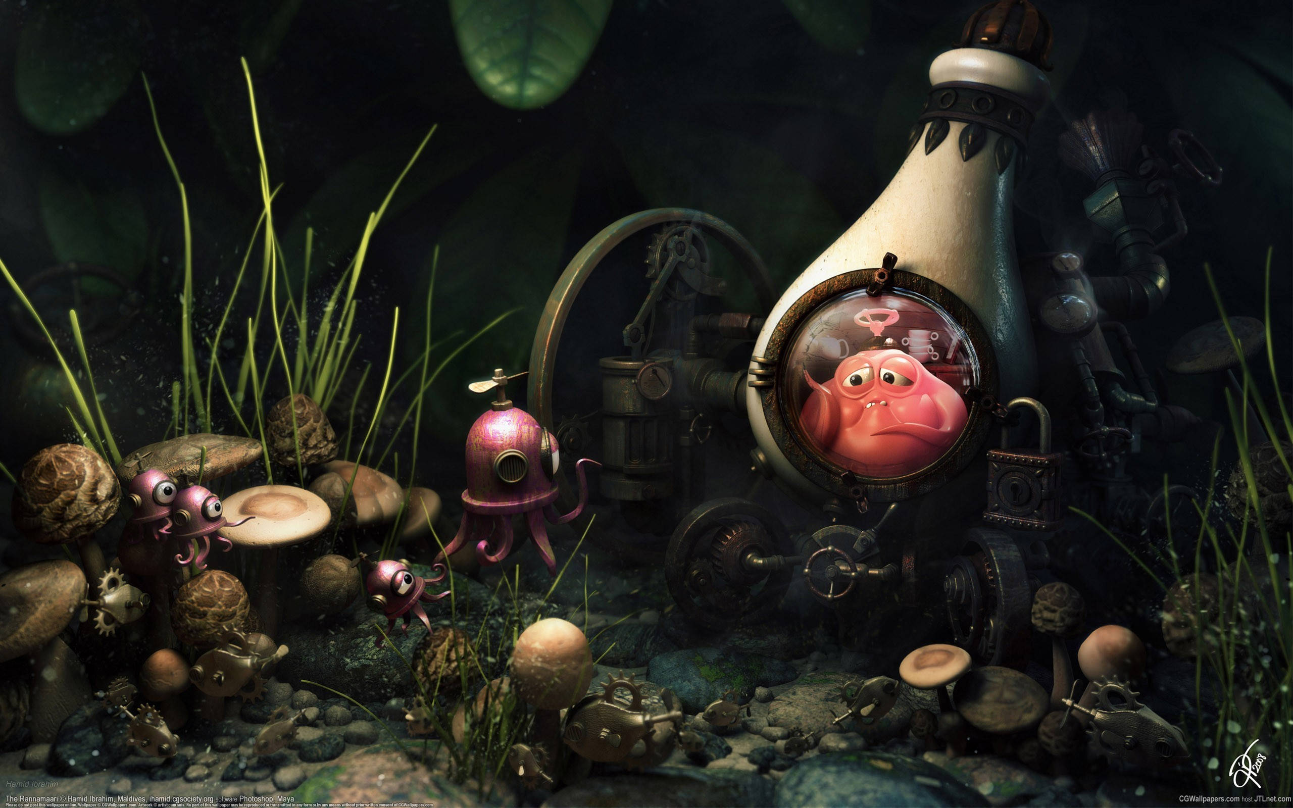 cartoon wind up octopus, pink-faced creature, steampunk diving helmet, 2K Desktop Wallpaper