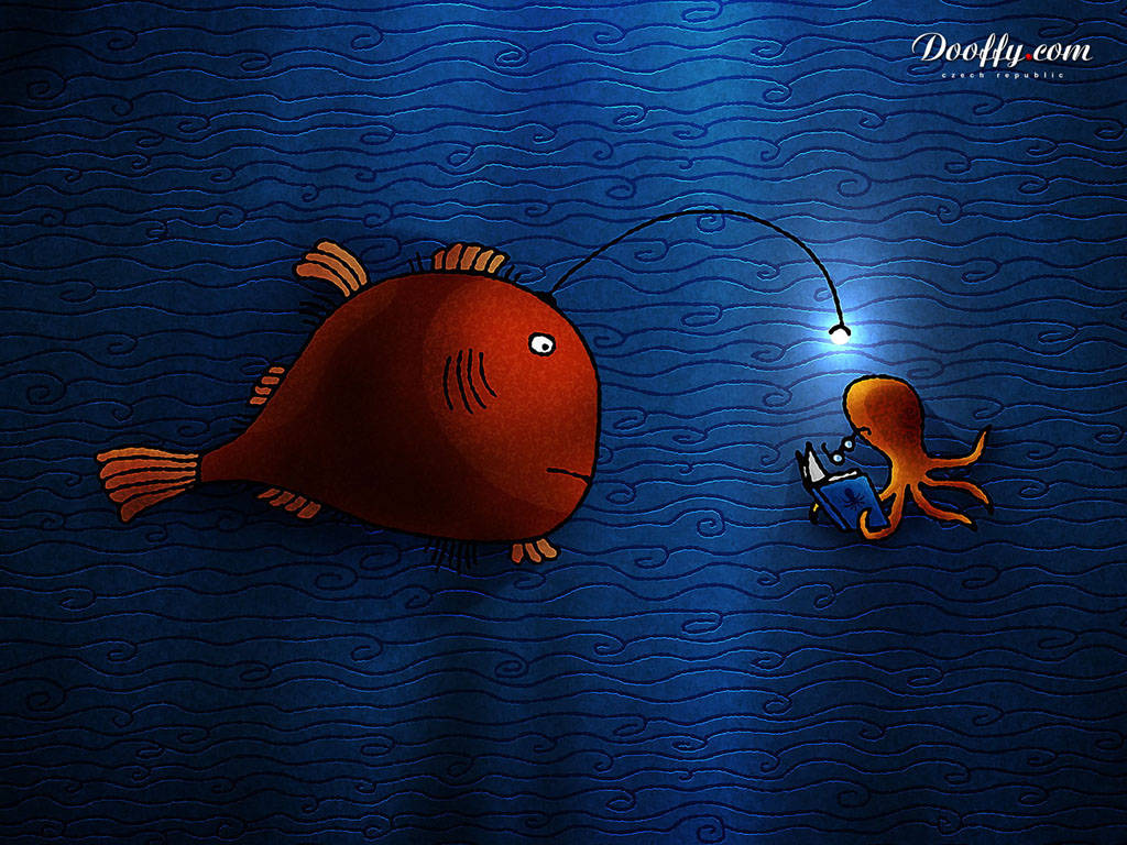 Octopus, red fish, fishing line, SD Desktop Wallpaper