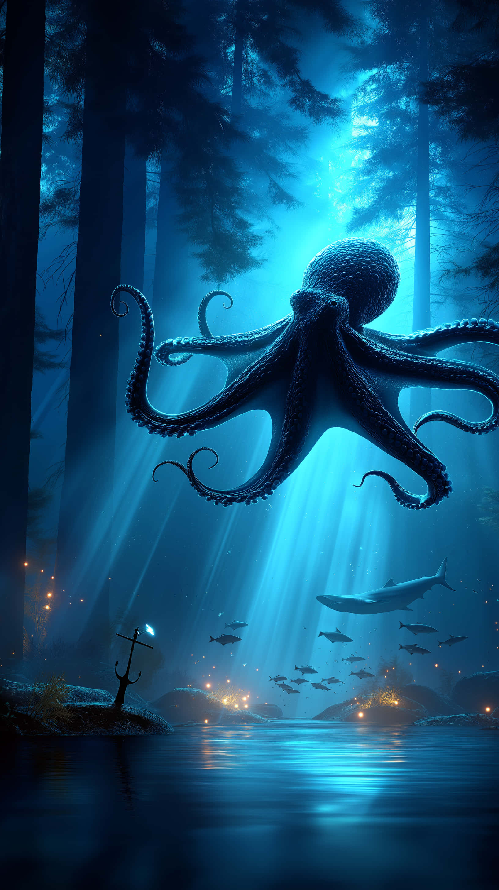 glowing octopus, underwater forest, deep blue water, 2K Phone Wallpaper
