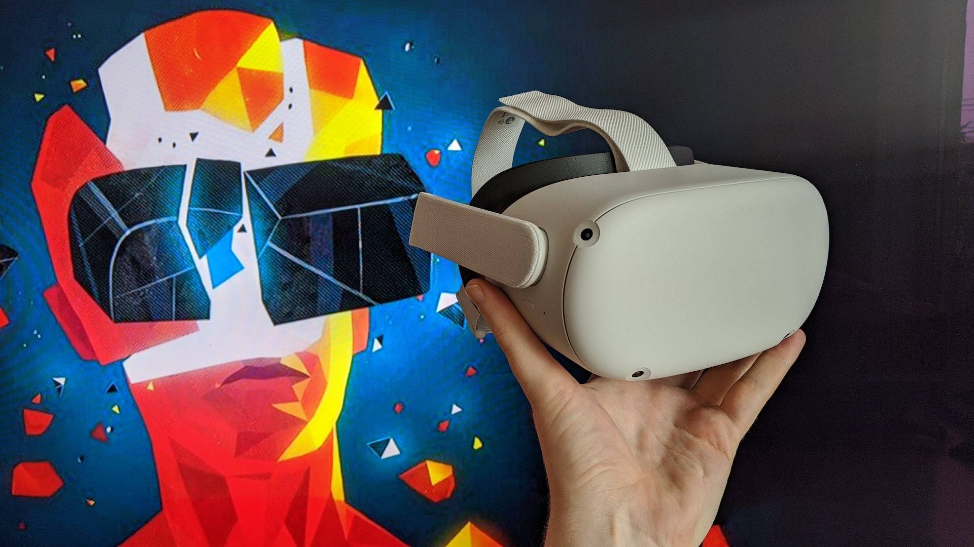 Oculus Quest 2, white VR headset, vibrant geometric mural, Full HD Desktop Wallpaper