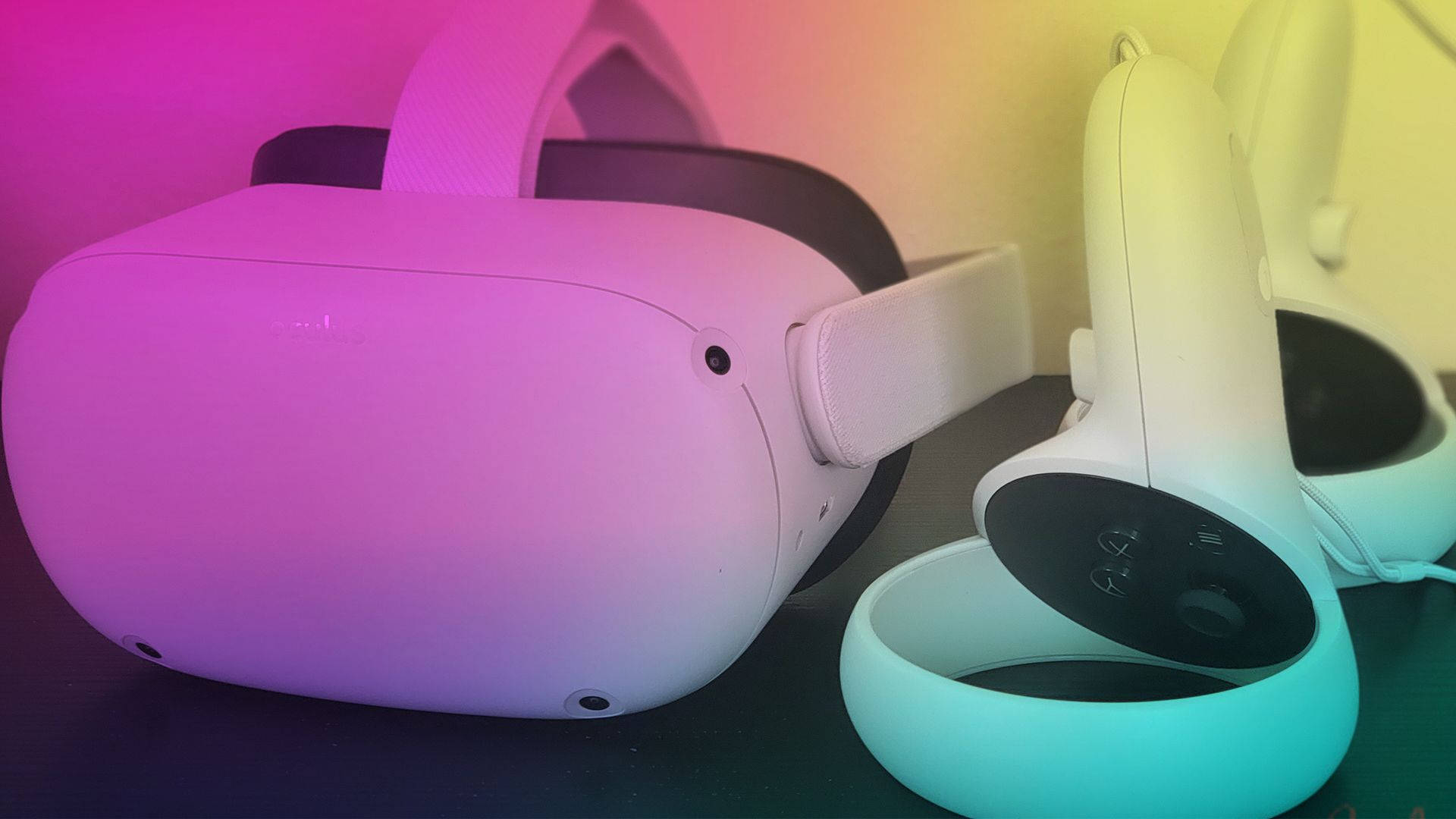 Oculus Quest 2, sleek white VR headset, vibrant pink and yellow ambient lighting, Full HD Desktop Wallpaper