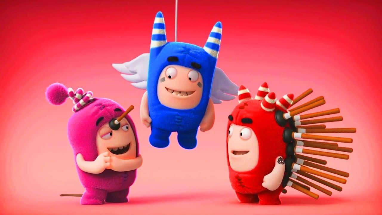 Oddbods, see-saw, gradient red background, HD Desktop Wallpaper