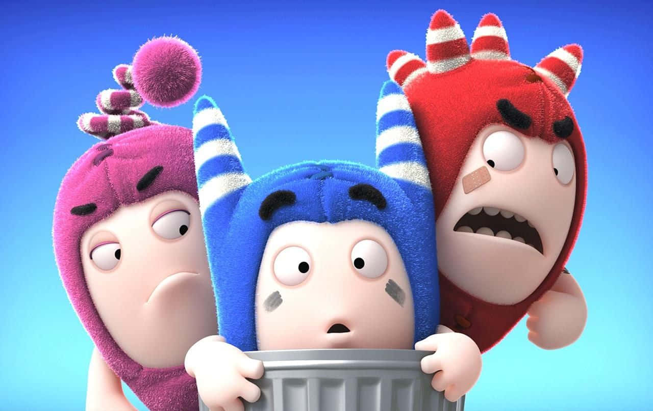 Oddbods, colorful fuzzy costumes, trash can, HD Desktop Wallpaper