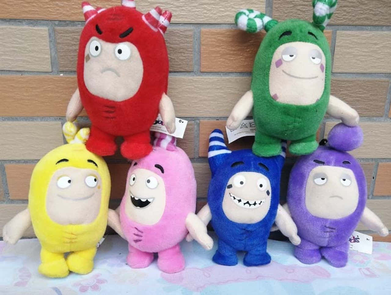 Oddbods, plush toys, brick wall, HD Desktop Wallpaper