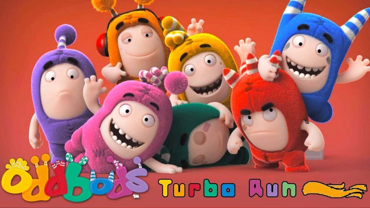 Oddbods, red background, seven colorful cartoon characters, HD Desktop Wallpaper
