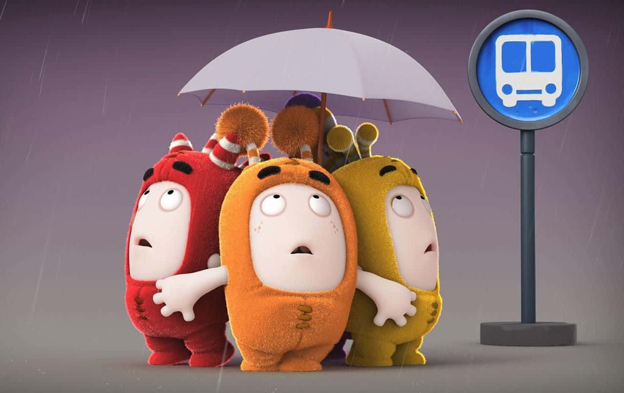 Oddbods, red orange and yellow raincoats, white umbrella, HD Desktop Wallpaper