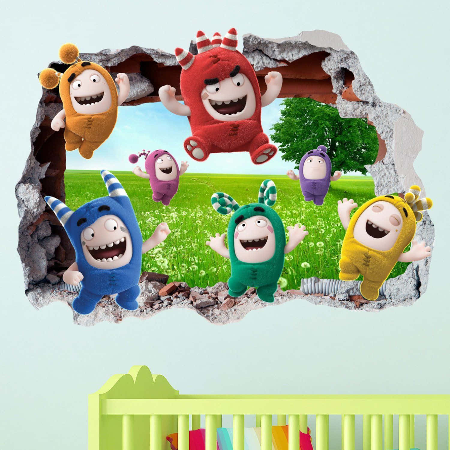 Oddbods, colorful cartoon monsters, cracked wall, HD Desktop Wallpaper