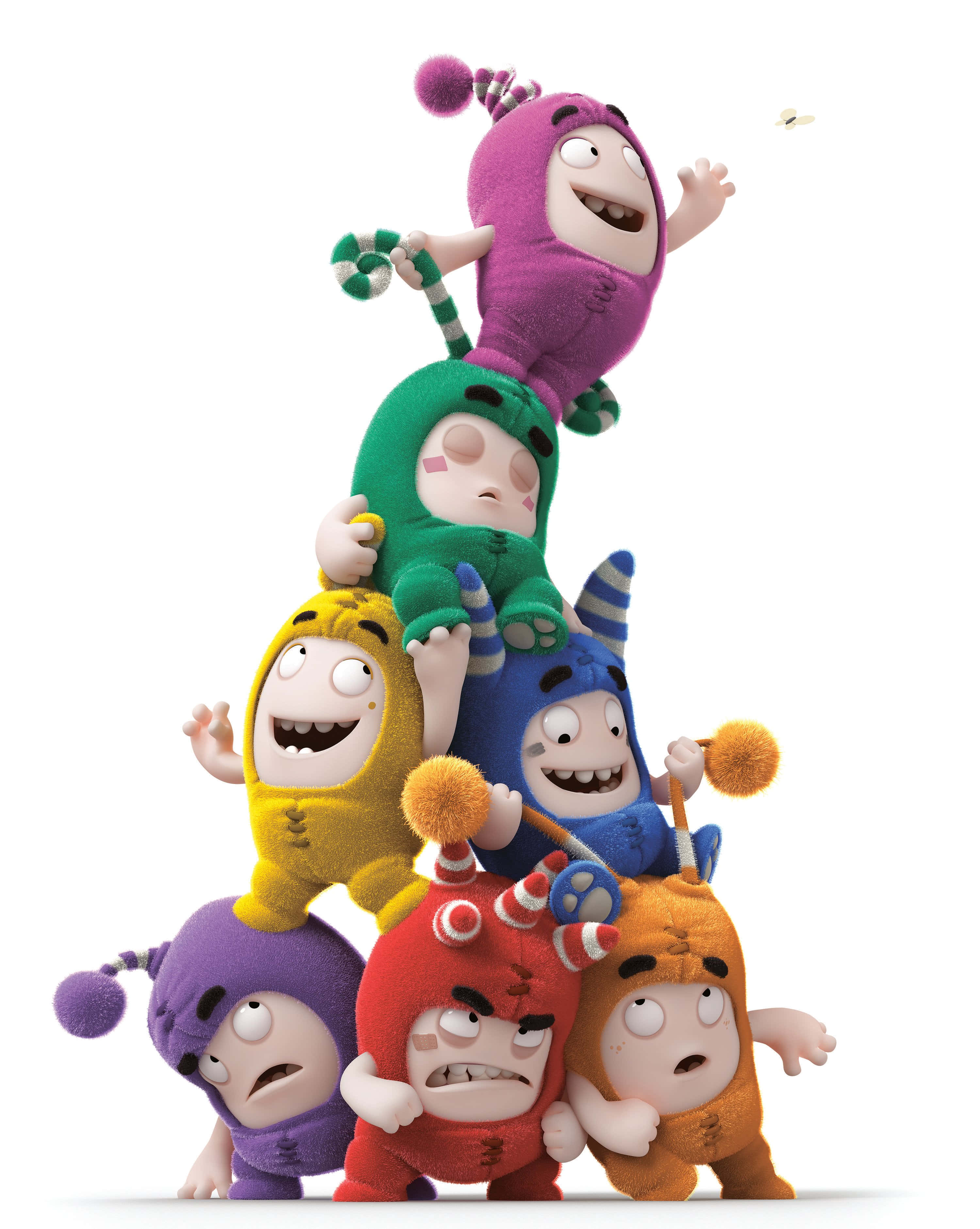 Oddbods, colorful cartoon monsters, playful pyramid, 2K Phone Wallpaper