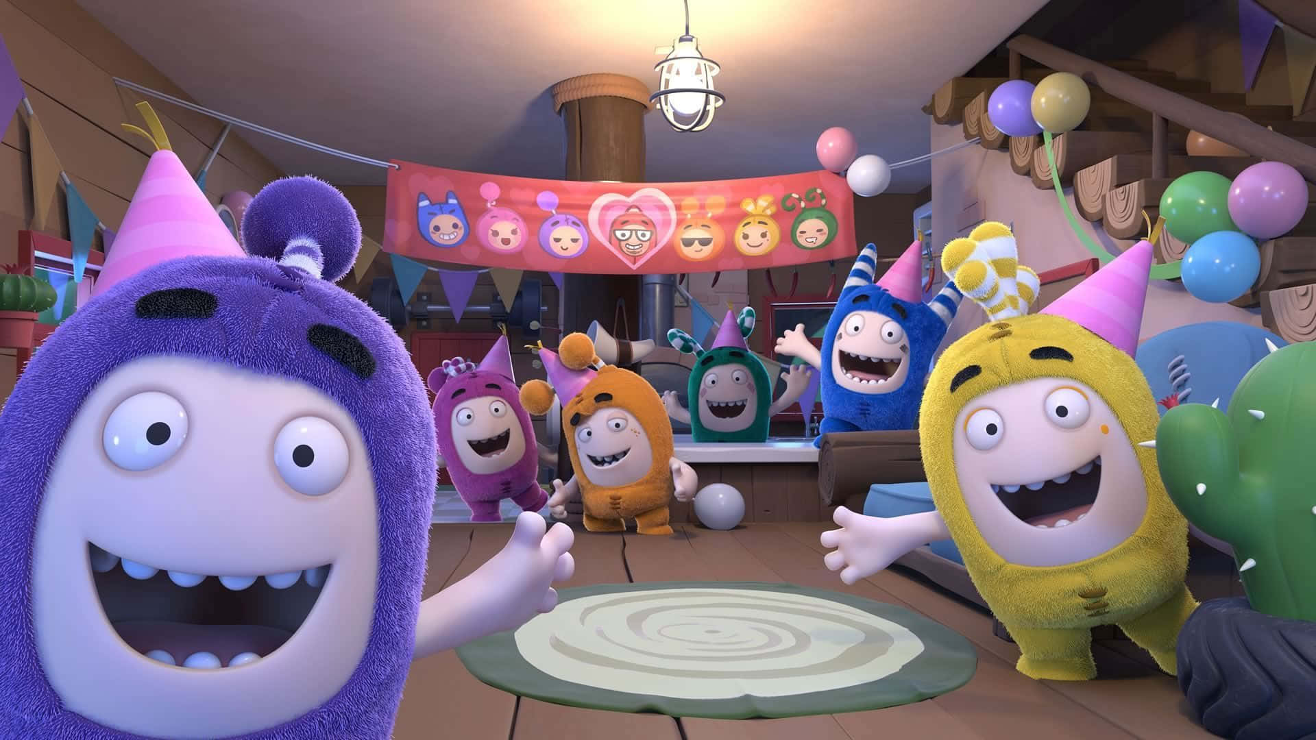 Oddbods, party hats, balloons, Full HD Desktop Wallpaper